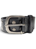 JAKE & IPI black leather belt featuring double rows of silver studs and a distressed metal buckle