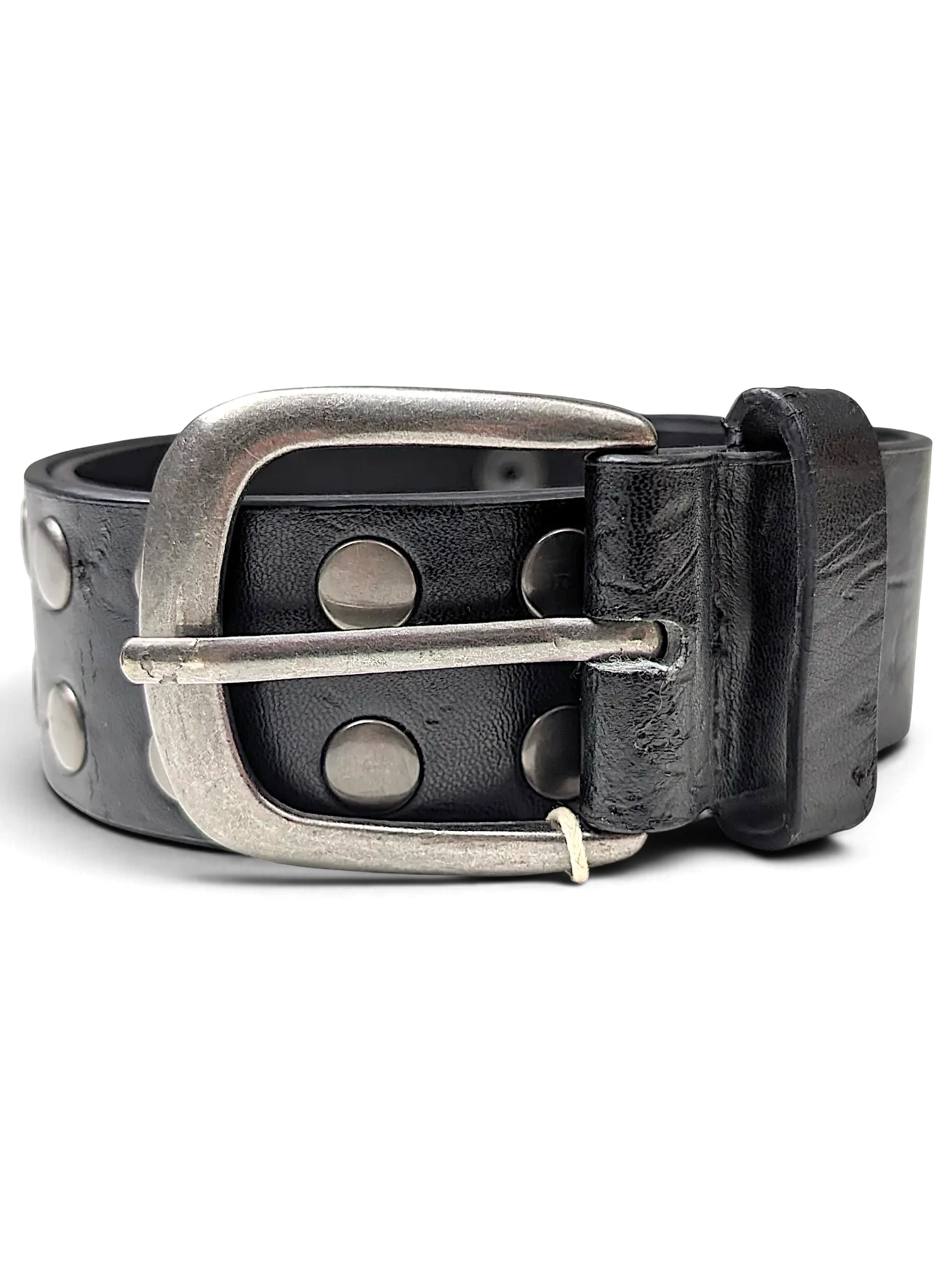JAKE & IPI black leather belt featuring double rows of silver studs and a distressed metal buckle