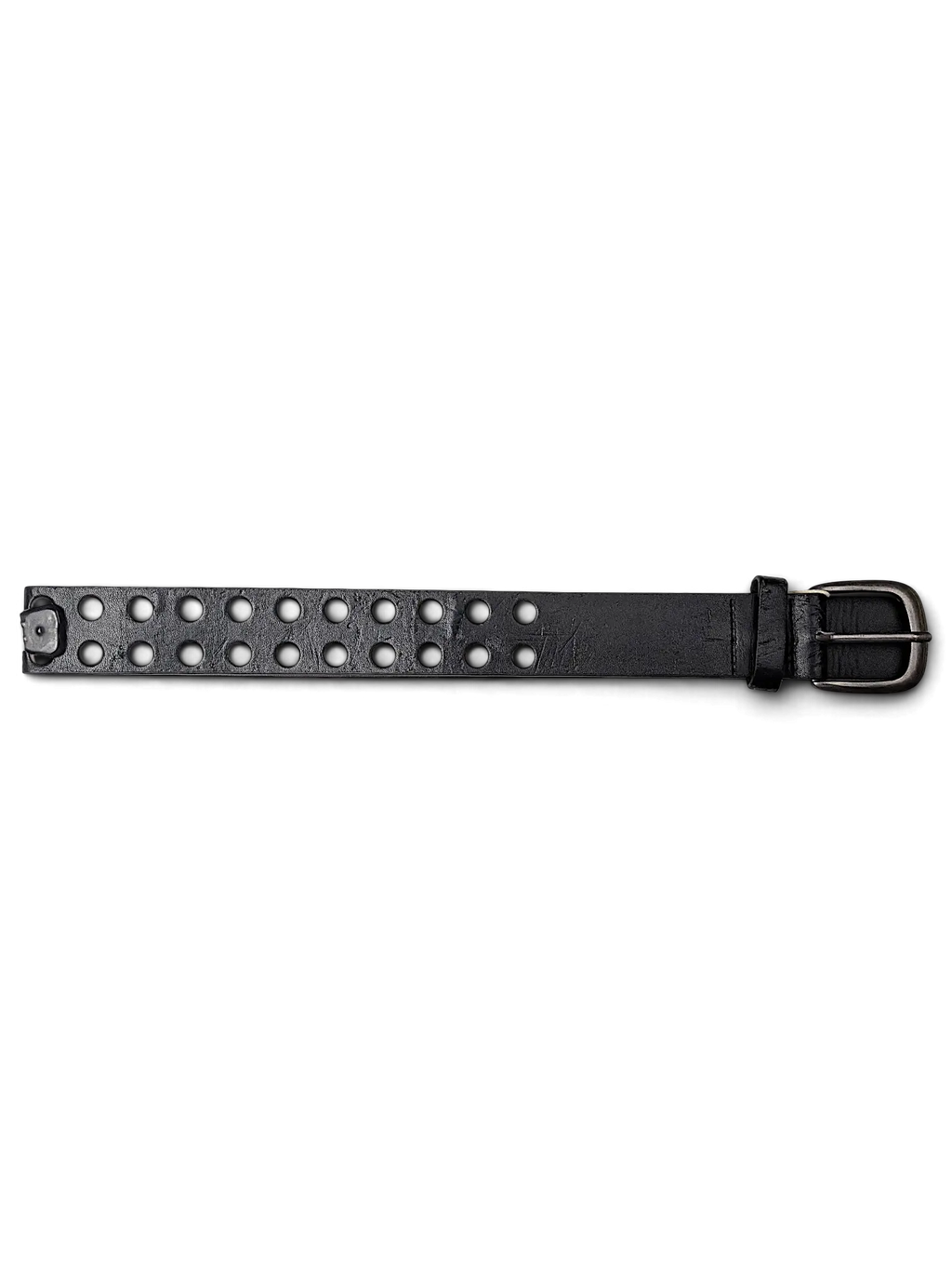 JAKE & IPI black leather belt featuring two rows of silver metal studs and a matching silver buckle