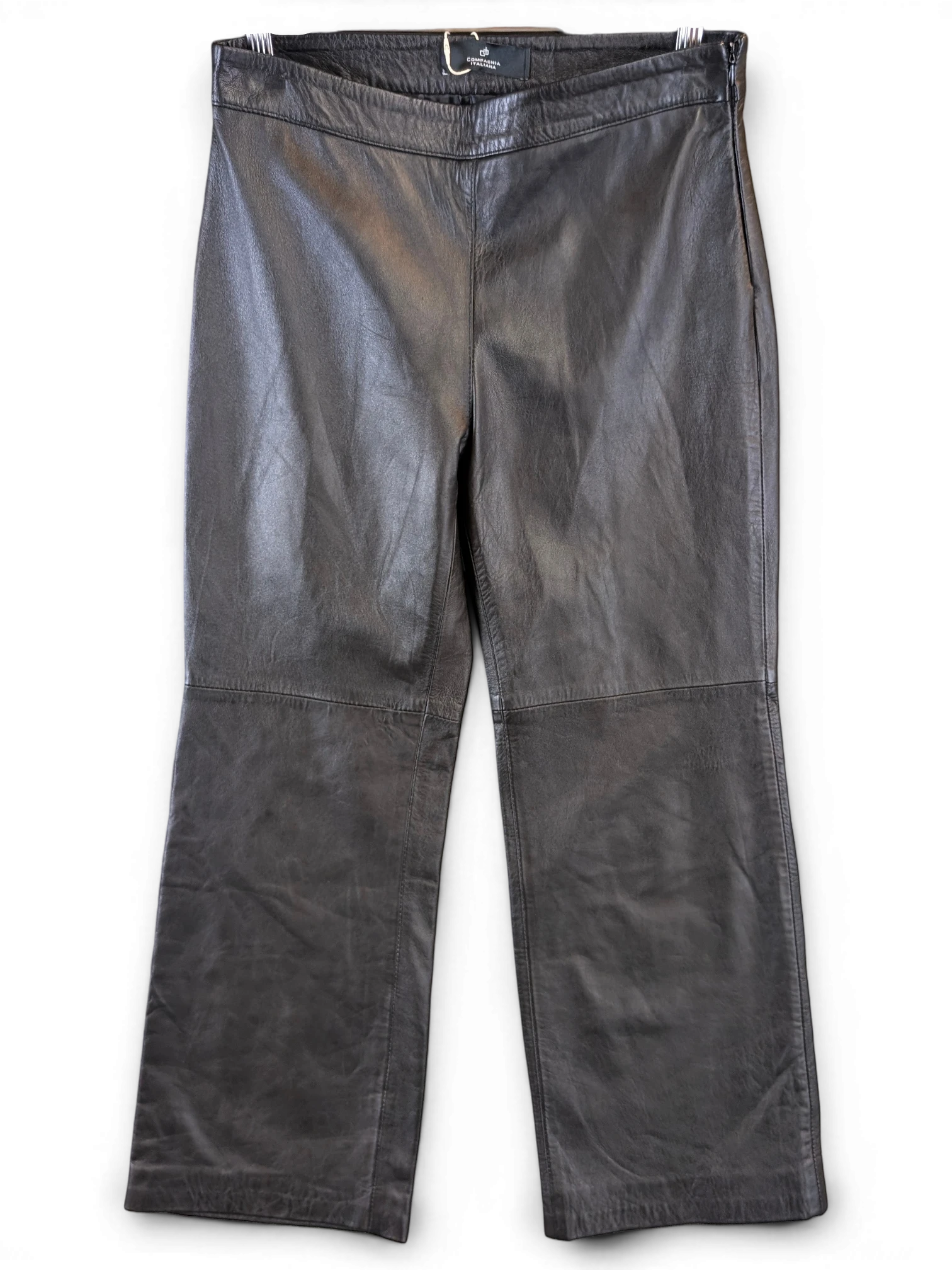 JAKE & IPI Compagnia Italiana black suede leather pants with a straight-leg cut and side zipper closure.