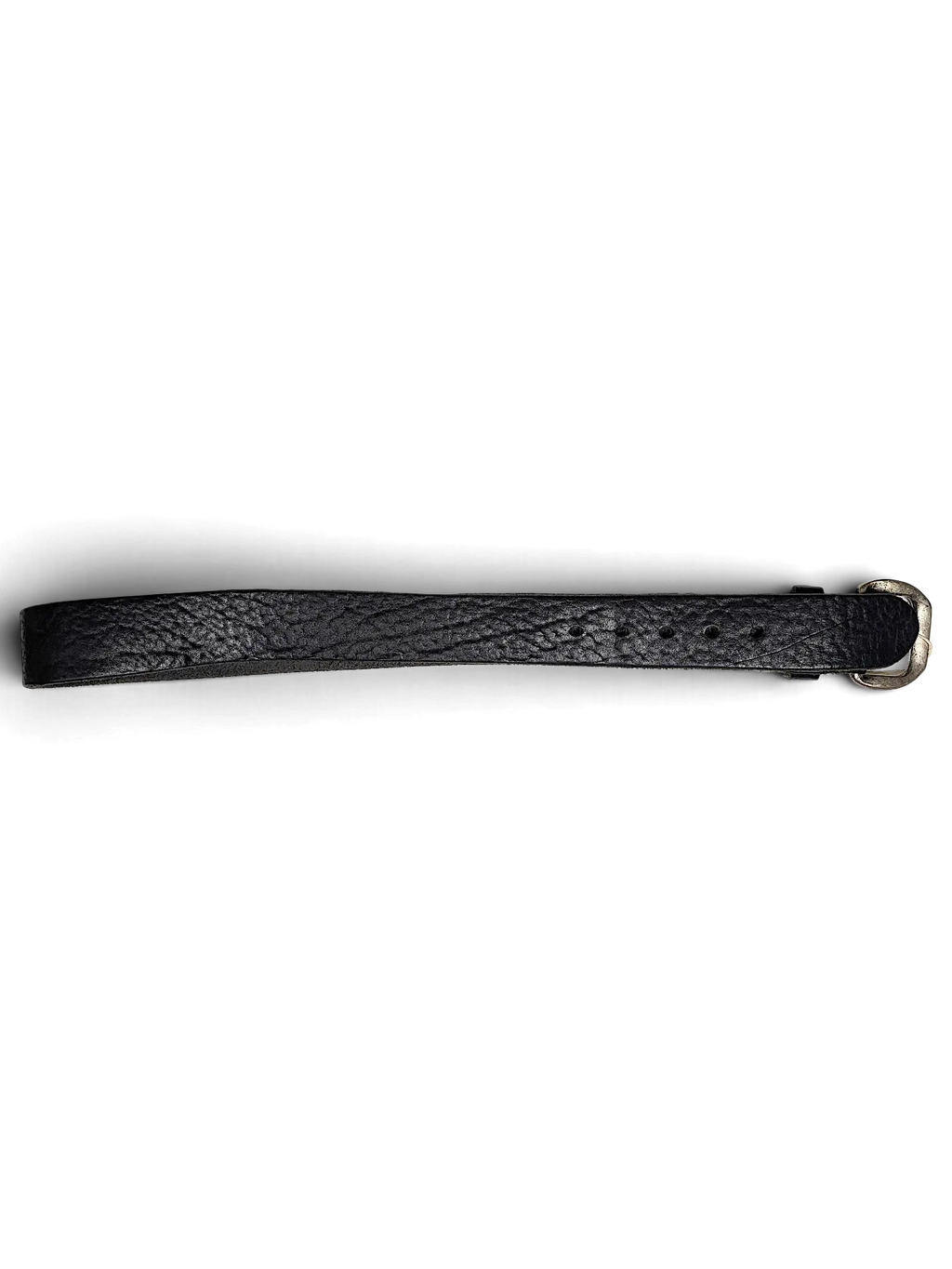 JAKE & IPI black textured leather belt with a silver-tone buckle on a black background