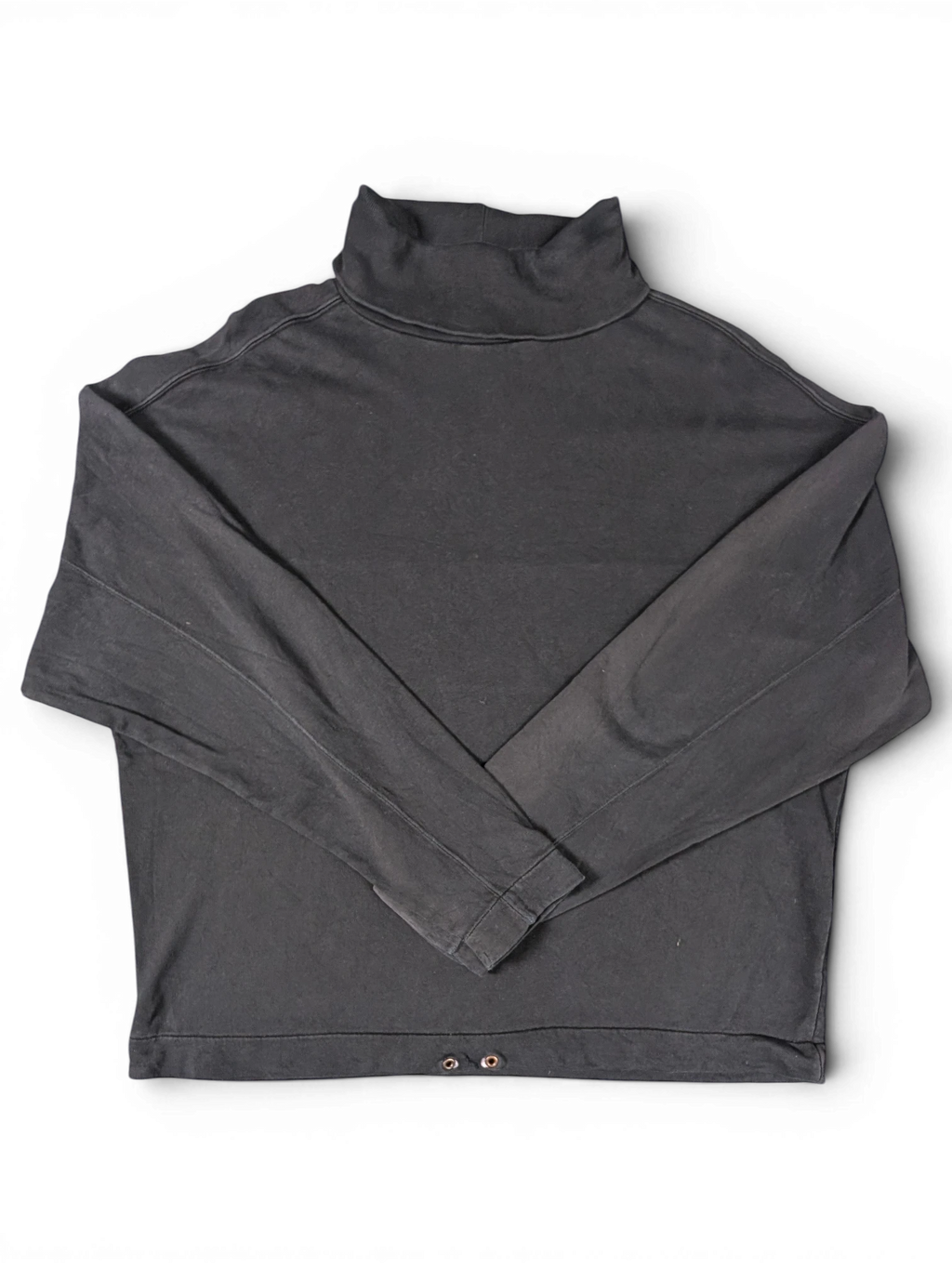JAKE & IPI black cotton turtleneck sweatshirt with a relaxed fit and metal eyelet detail at the hem.