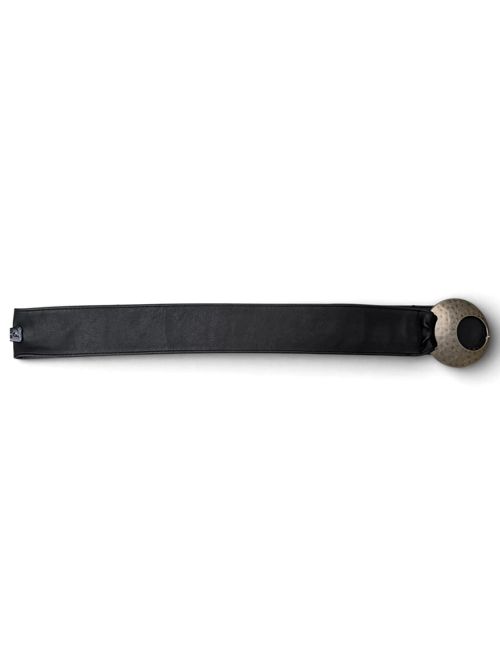 JAKE & IPI black wide faux leather belt featuring a large circular hammered metal buckle on a white background