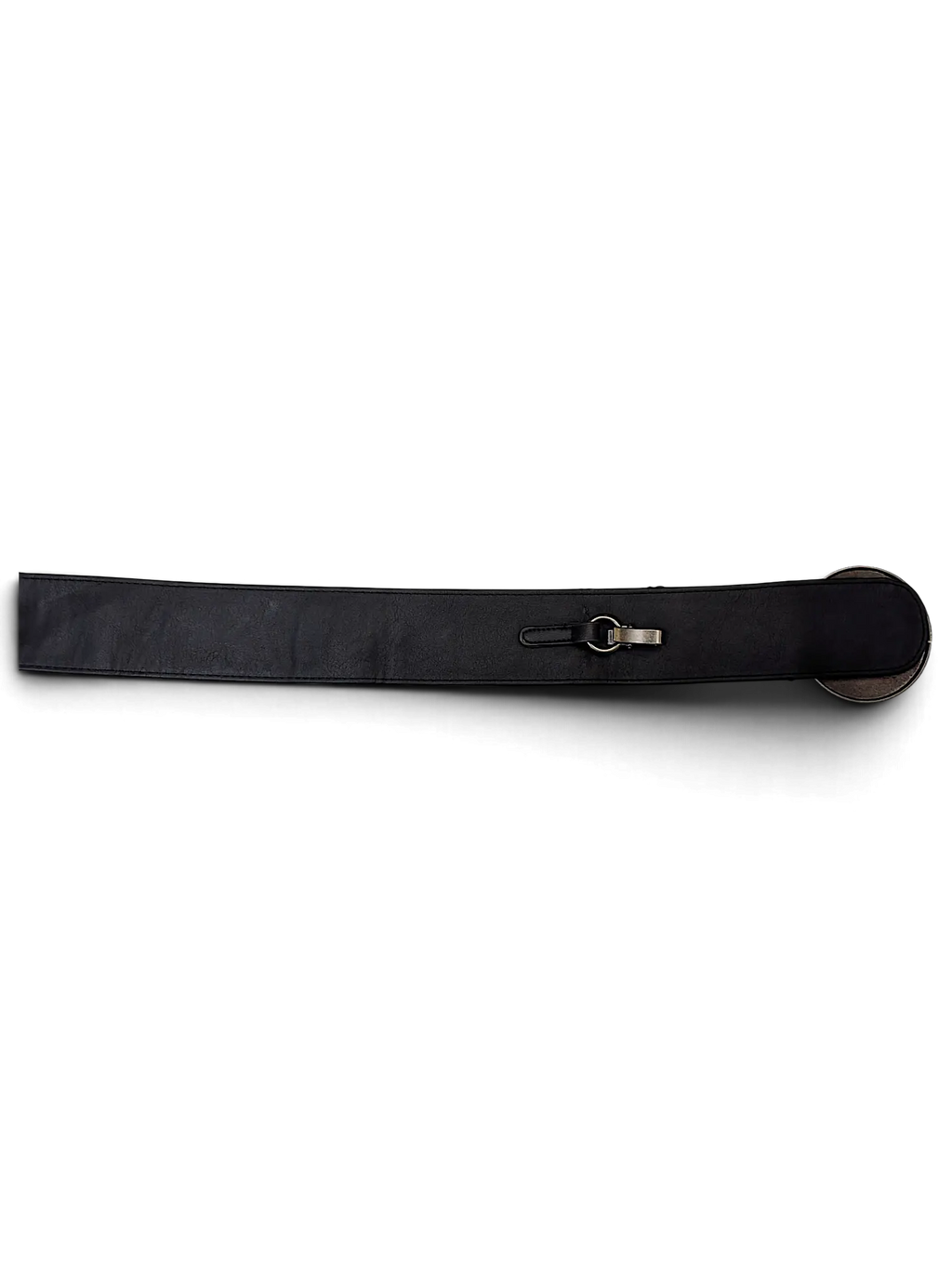 JAKE & IPI black wide faux leather belt with a silver-toned metal ring buckle closure on a plain white background