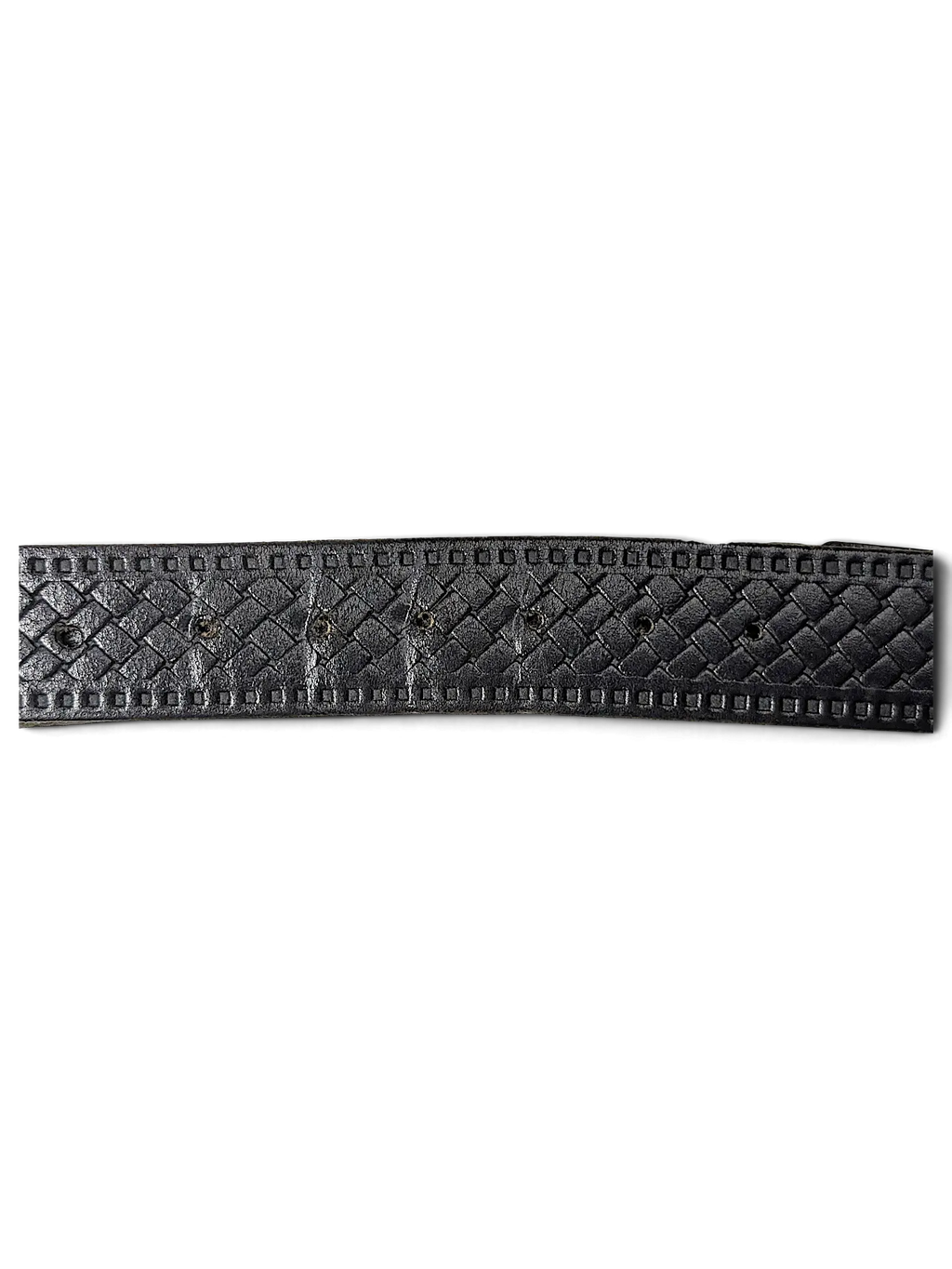 JAKE & IPI black leather belt featuring a woven basketweave pattern and stitched border detail