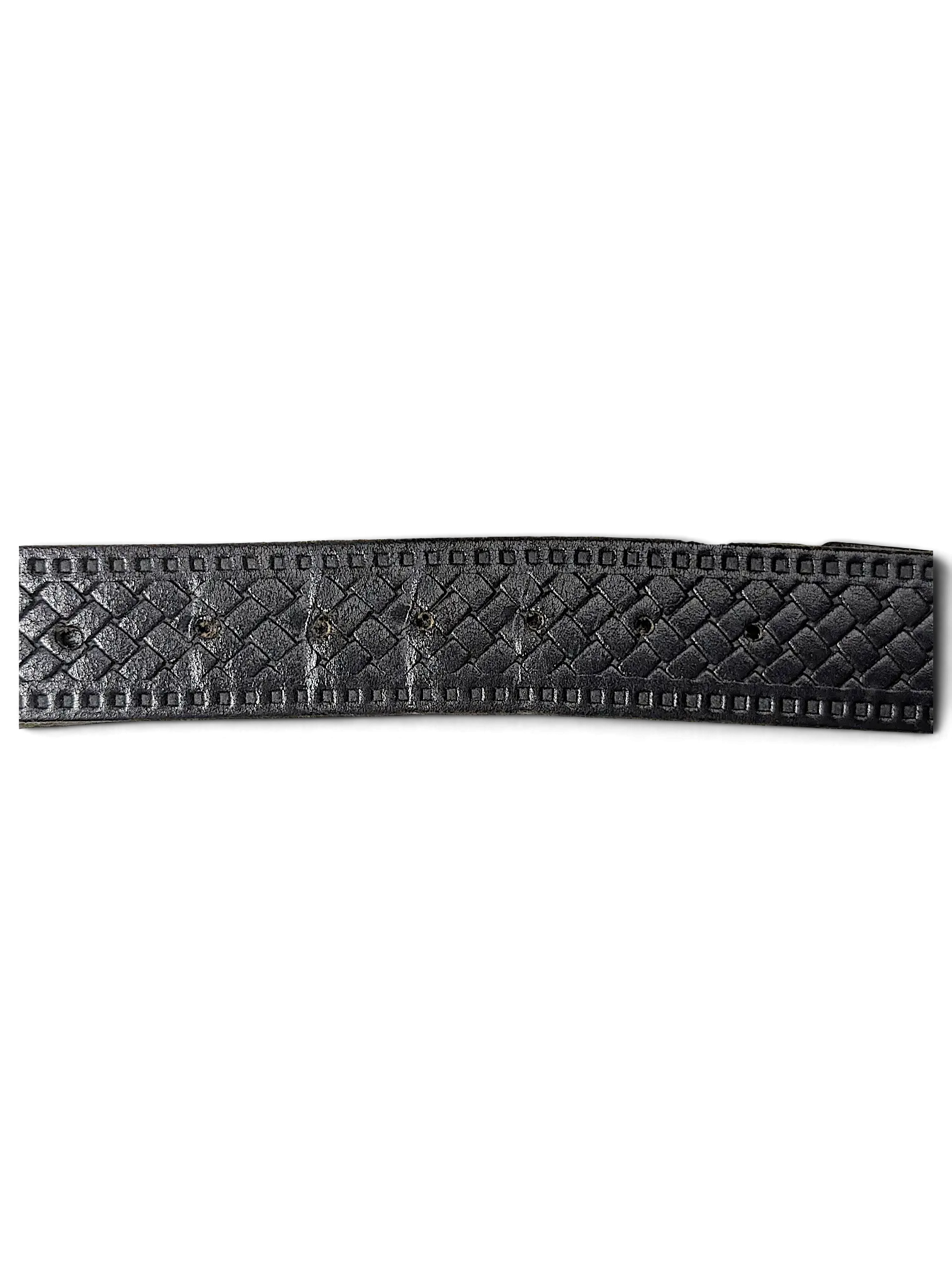 JAKE & IPI black leather belt featuring a woven basketweave pattern and stitched border detail