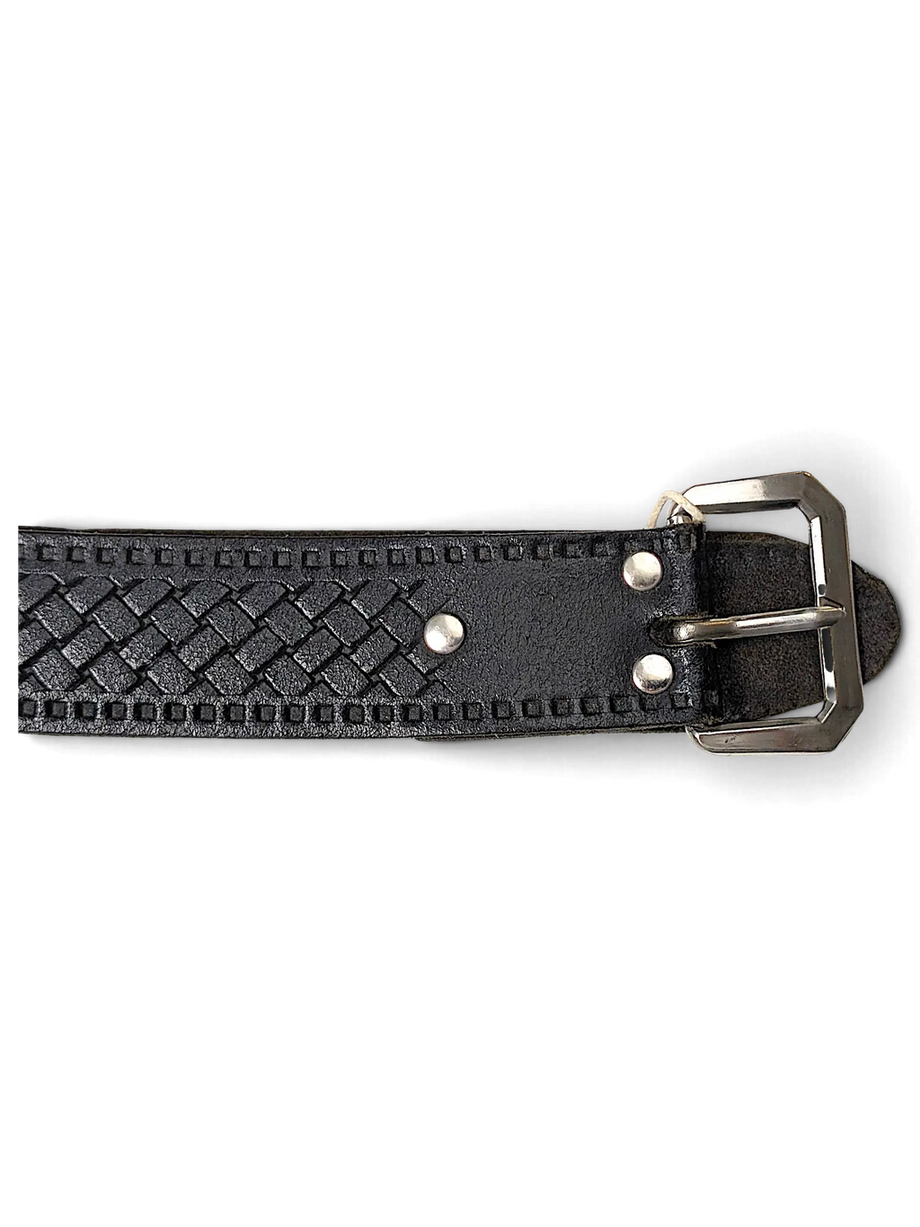 JAKE & IPI black leather belt featuring a woven pattern, silver-tone buckle, and metal stud details.