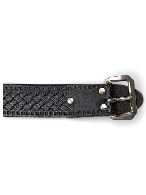 JAKE & IPI black leather belt featuring a woven pattern, silver-tone buckle, and metal stud details.