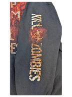 JAKE & IPI black hoodie sleeve featuring a distressed Kill Zombies graphic with a biohazard symbol in red and orange