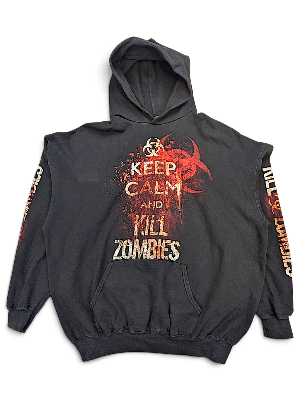 JAKE & IPI black pullover hoodie featuring a red biohazard graphic and Keep Calm and Kill Zombies text