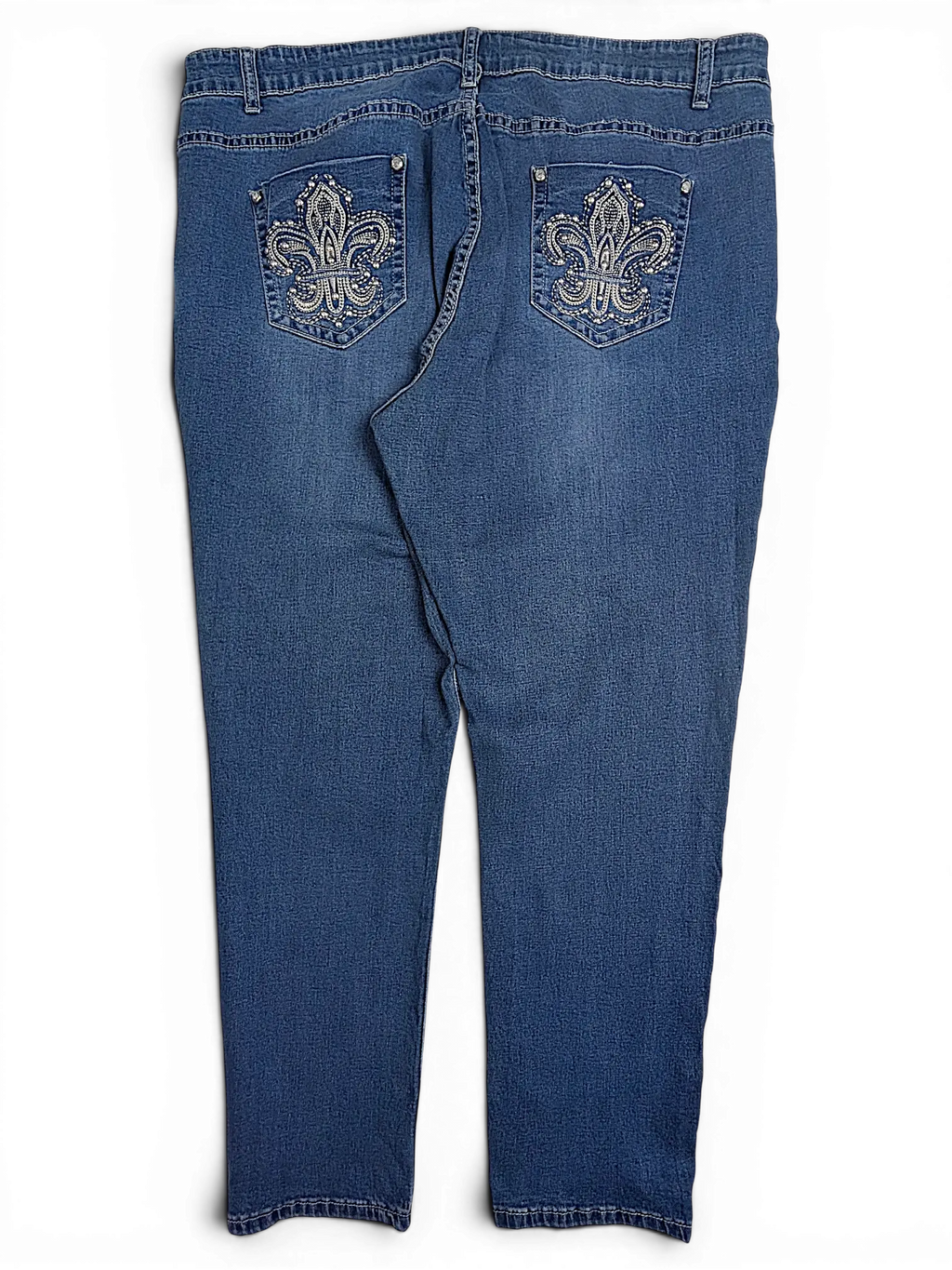 JAKE & IPI plus size blue denim jeans with silver rhinestone fleur-de-lis embroidery on the back pockets