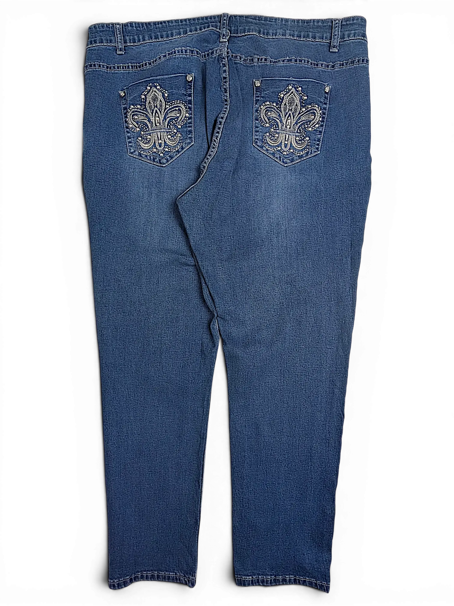 JAKE & IPI plus size blue denim jeans with silver rhinestone fleur-de-lis embroidery on the back pockets