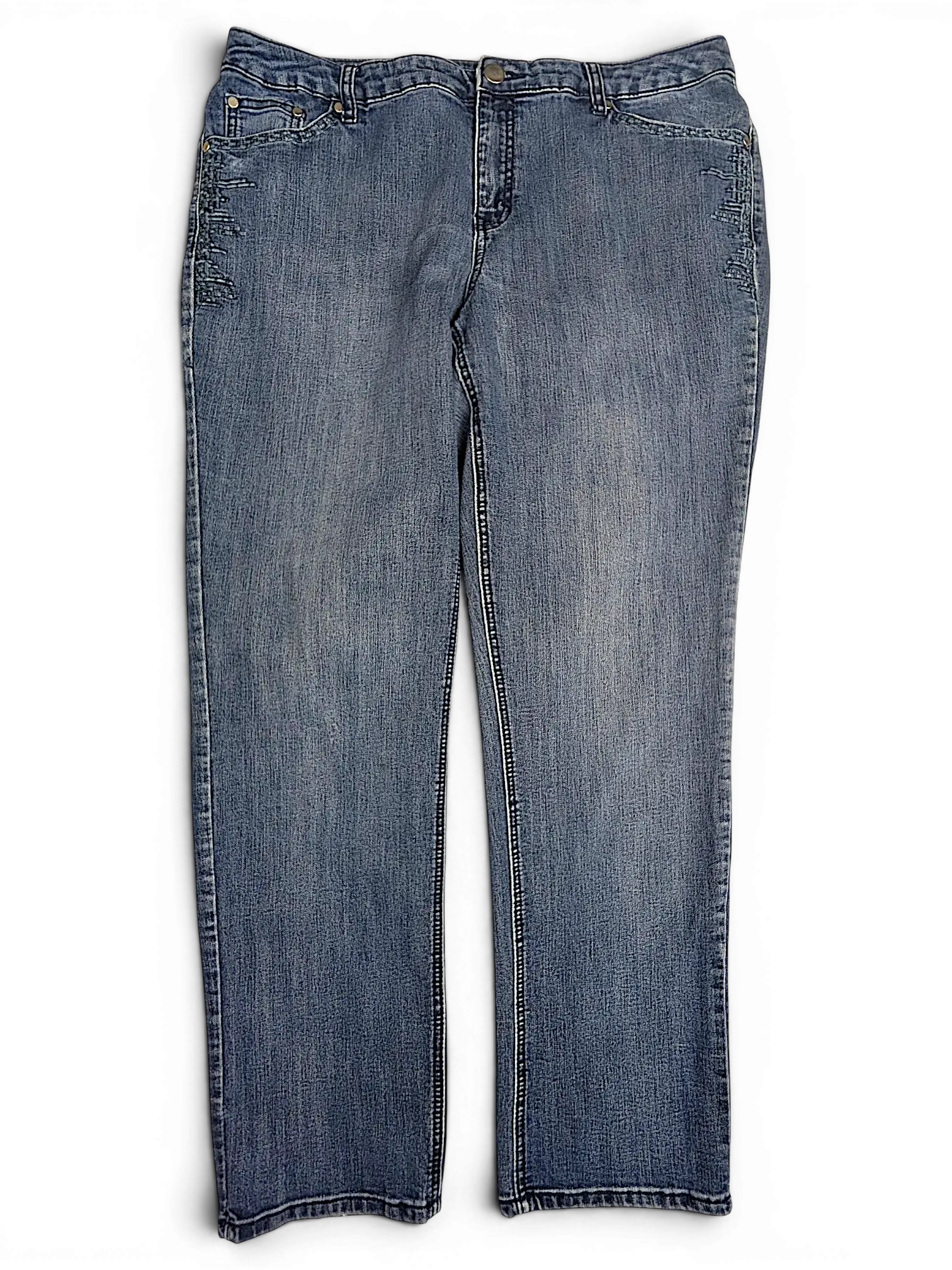 JAKE & IPI CJ Banks W16 blue denim jeans with subtle side embroidery and a classic straight leg fit