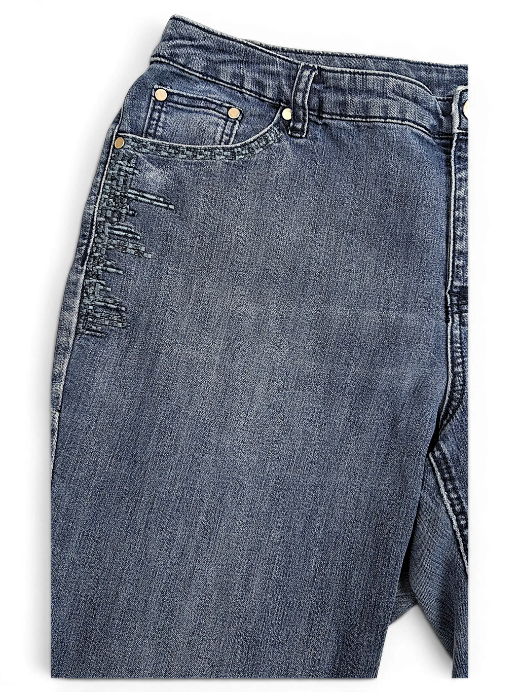 JAKE & IPI CJ Banks blue denim jeans featuring decorative stitching detail on the front pocket area.