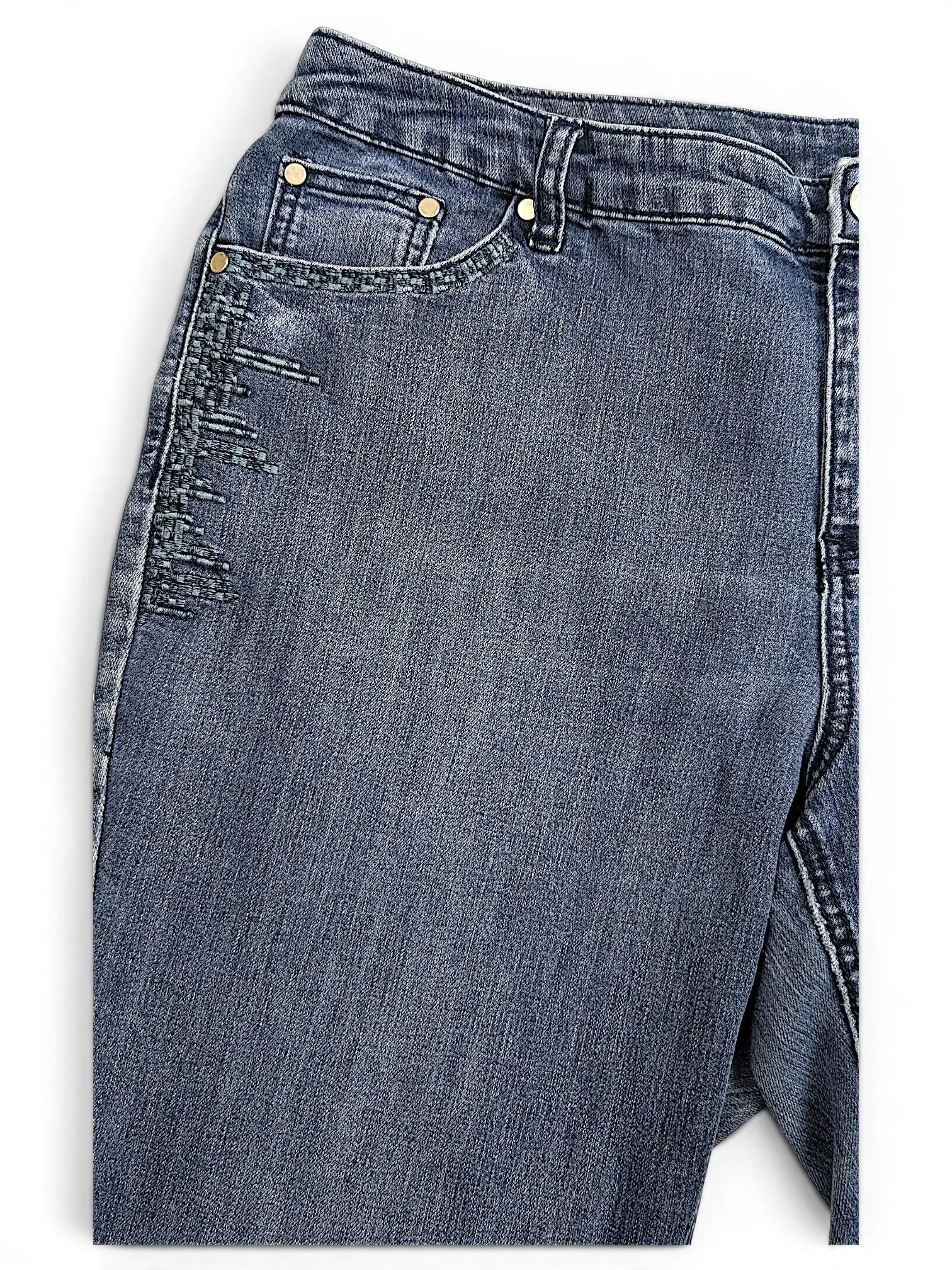 JAKE & IPI CJ Banks blue denim jeans featuring decorative stitching detail on the front pocket area.