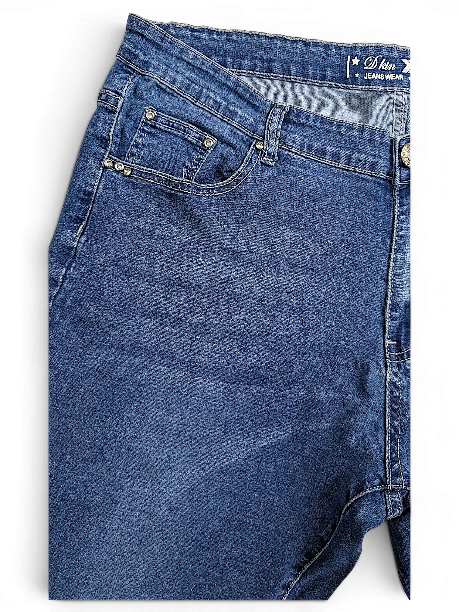 JAKE & IPI D Kin Jeans Wear blue denim jeans with rhinestone embellishments on the front pocket