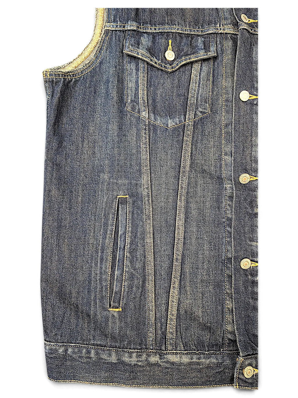 JAKE & IPI blue denim vest featuring a chest pocket and side hand pockets with contrast stitching