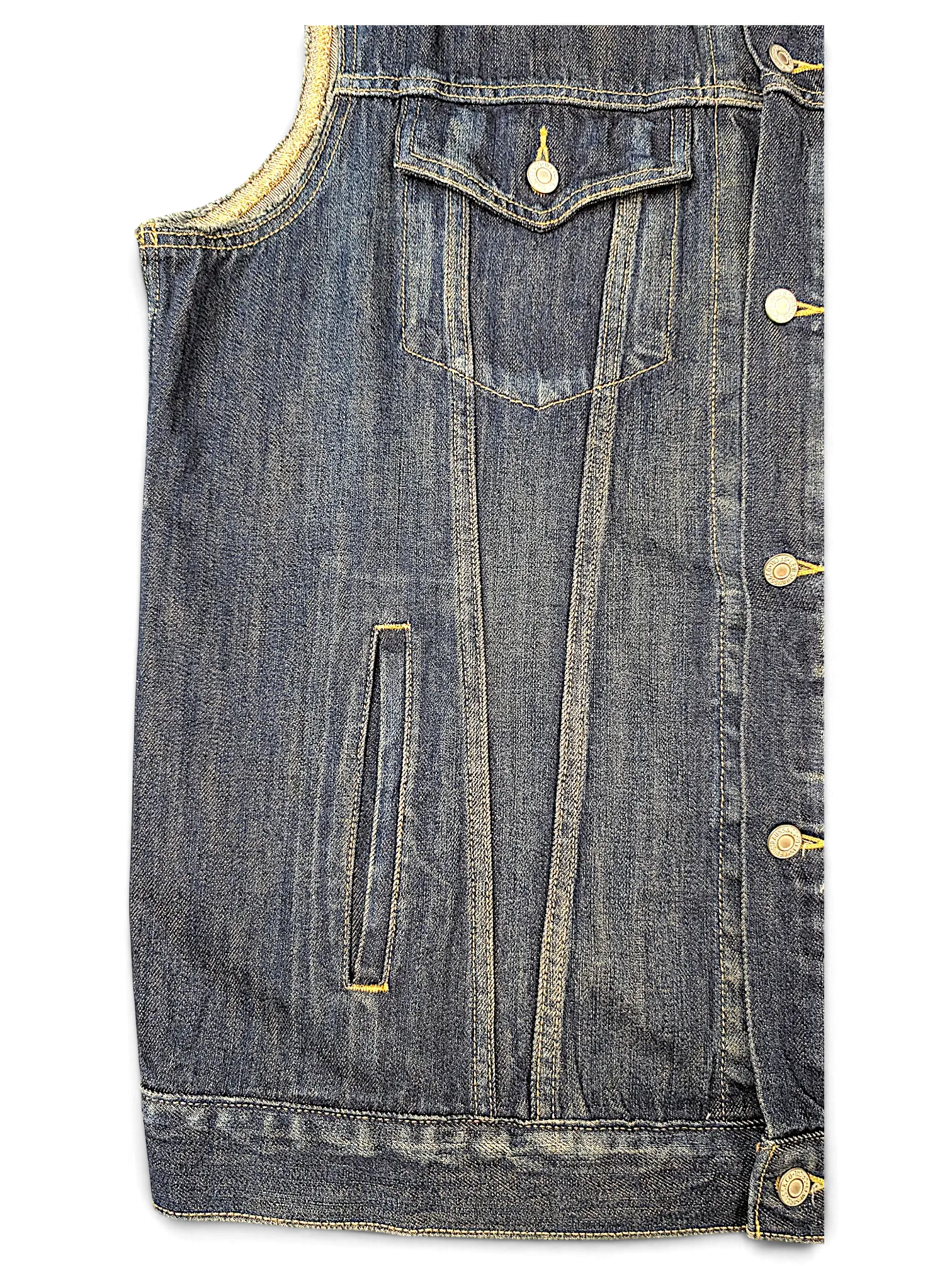 JAKE & IPI blue denim vest featuring a chest pocket and side hand pockets with contrast stitching