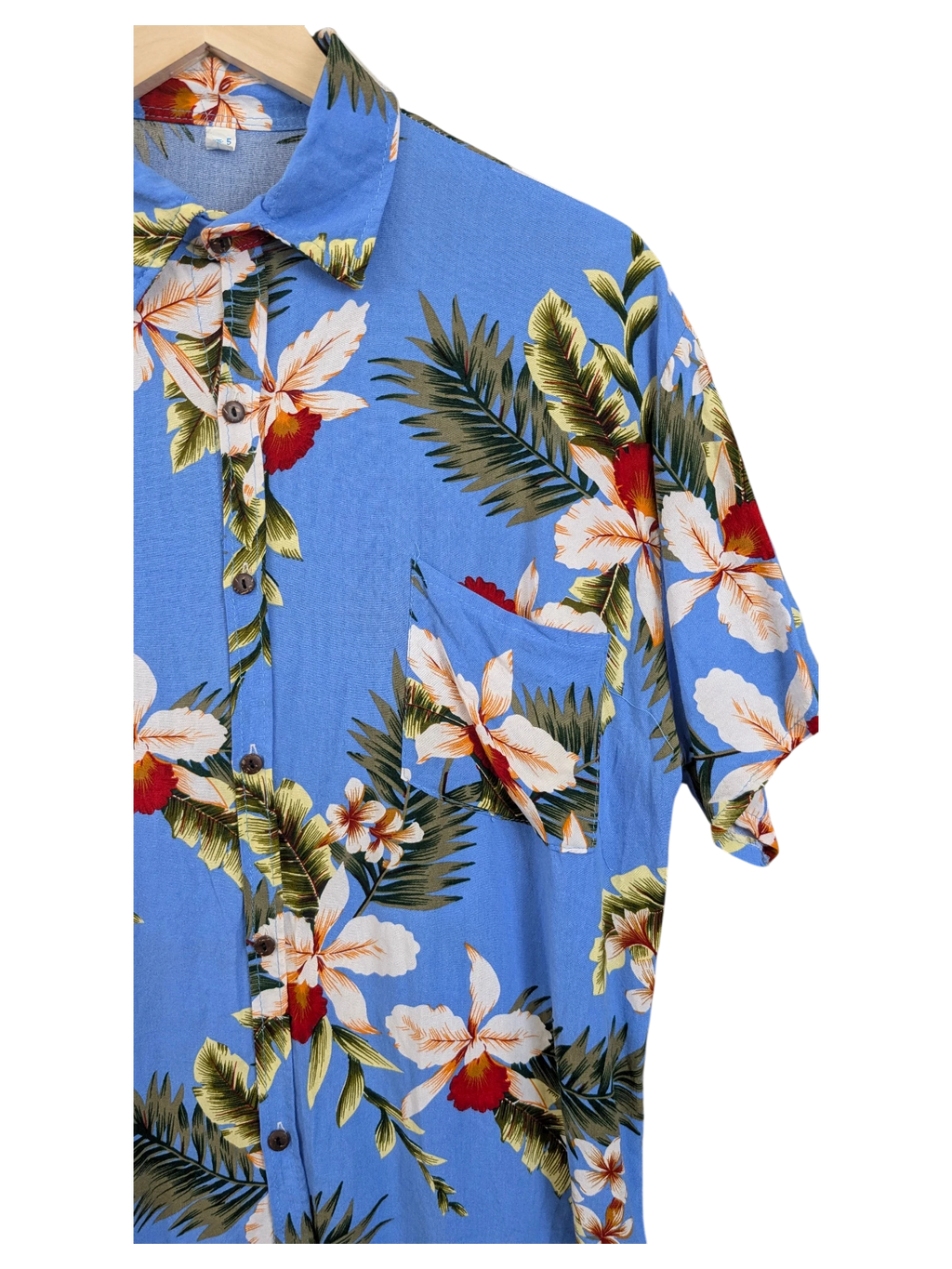 JAKE & IPI blue Hawaiian shirt featuring a tropical floral print with white and red orchids and green palm leaves