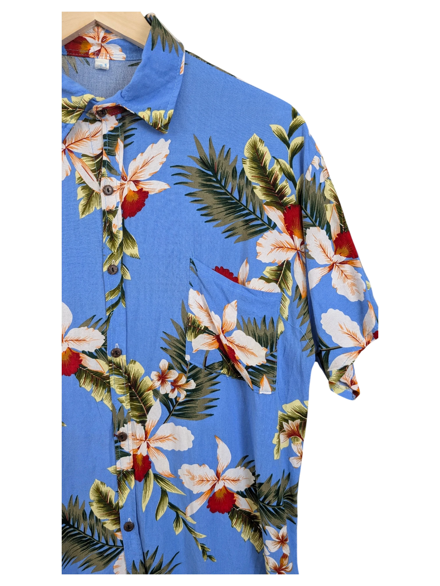 JAKE & IPI blue Hawaiian shirt featuring a tropical floral print with white and red orchids and green palm leaves