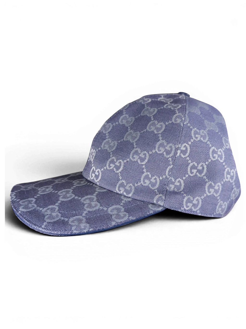 JAKE & IPI blue Gucci baseball cap with repeating monogram pattern and gold-tone side detail