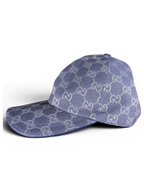 JAKE & IPI blue Gucci baseball cap with repeating monogram pattern and gold-tone side detail