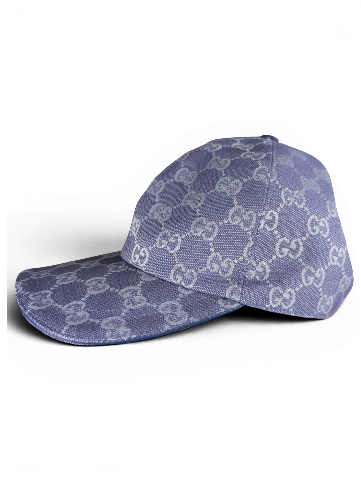 JAKE & IPI blue Gucci baseball cap with repeating monogram pattern and gold-tone side detail
