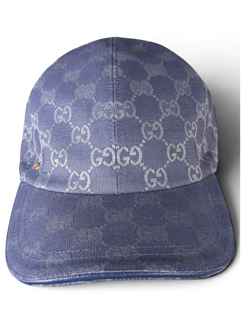 JAKE & IPI blue Gucci baseball cap with repeating monogram pattern and small gold-tone side detail
