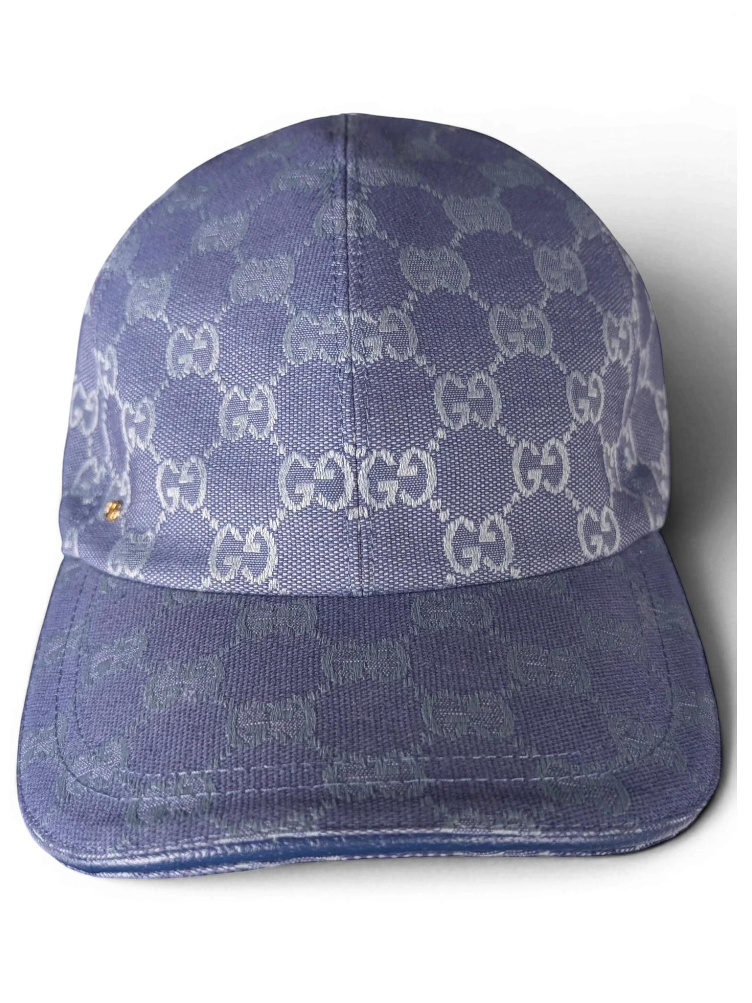 JAKE & IPI blue Gucci baseball cap with repeating monogram pattern and small gold-tone side detail