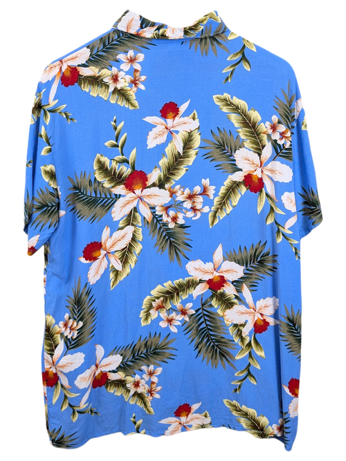 JAKE & IPI blue Hawaiian shirt with a vibrant tropical orchid and palm leaf print, shown from the back.