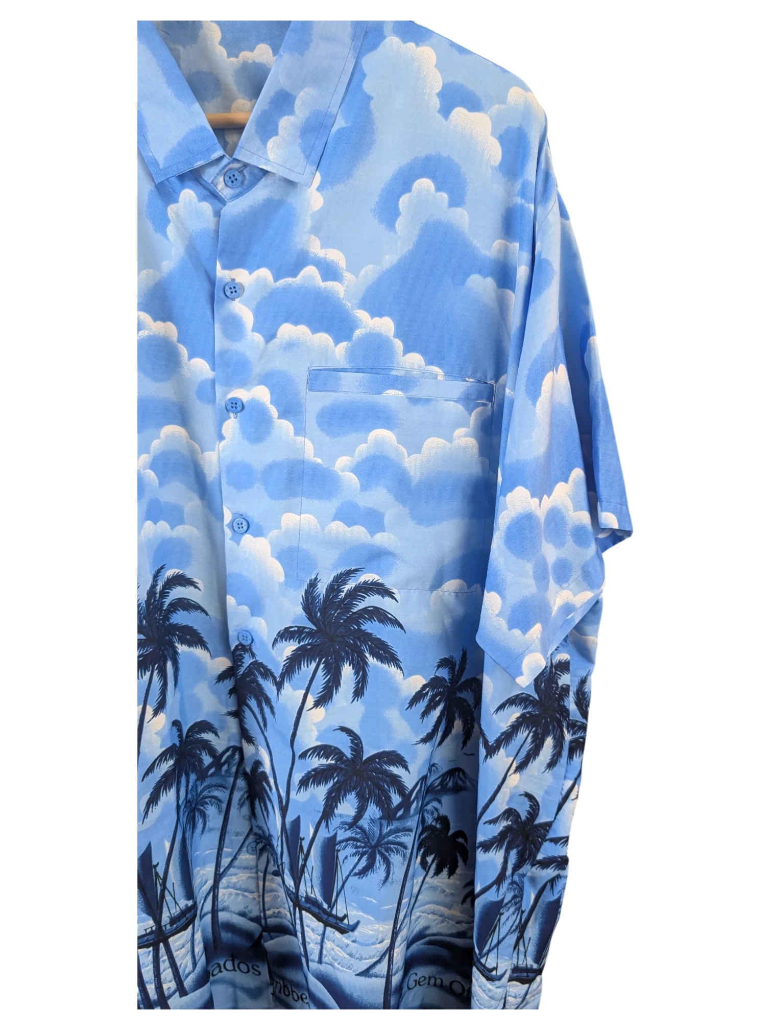 JAKE & IPI blue Hawaiian shirt featuring a cloud and palm tree print with a chest pocket and button-down front.
