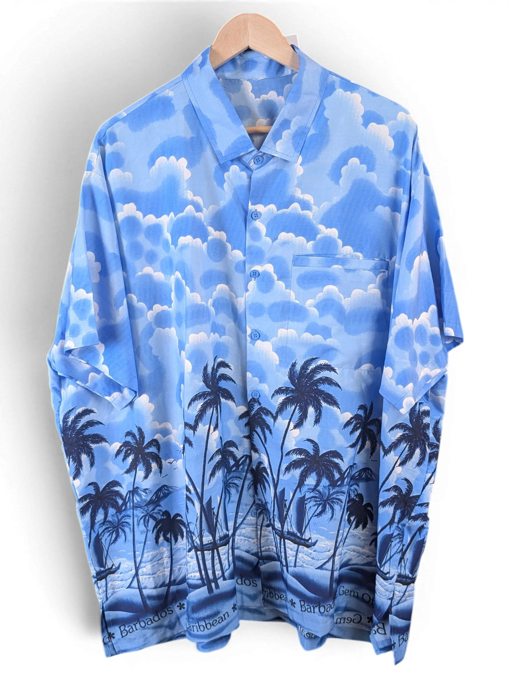JAKE & IPI blue Hawaiian shirt featuring a tropical palm tree and cloud print on a button-down short sleeve design