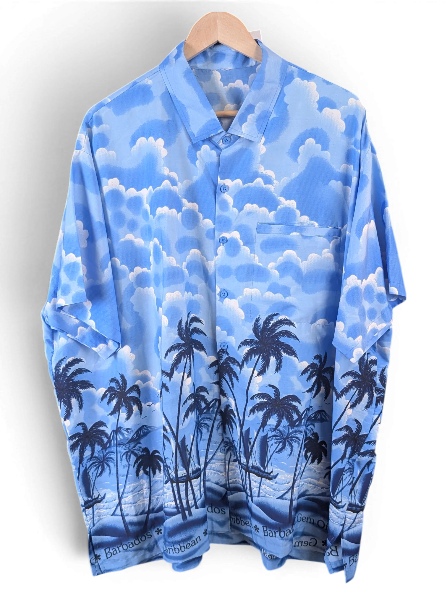JAKE & IPI blue Hawaiian shirt featuring a tropical palm tree and cloud print on a button-down short sleeve design