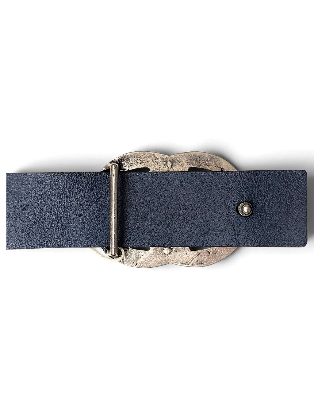 JAKE & IPI Maximilian blue leather belt featuring a textured antique gold-tone buckle against a black background.