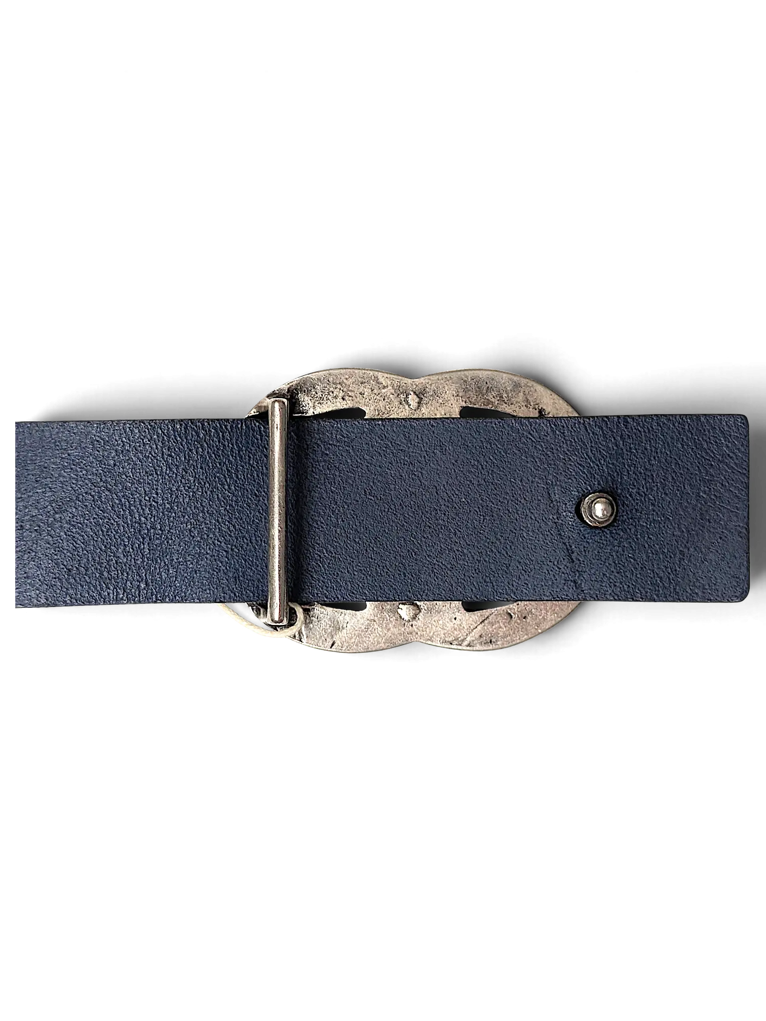 JAKE & IPI Maximilian blue leather belt featuring a textured antique gold-tone buckle against a black background.