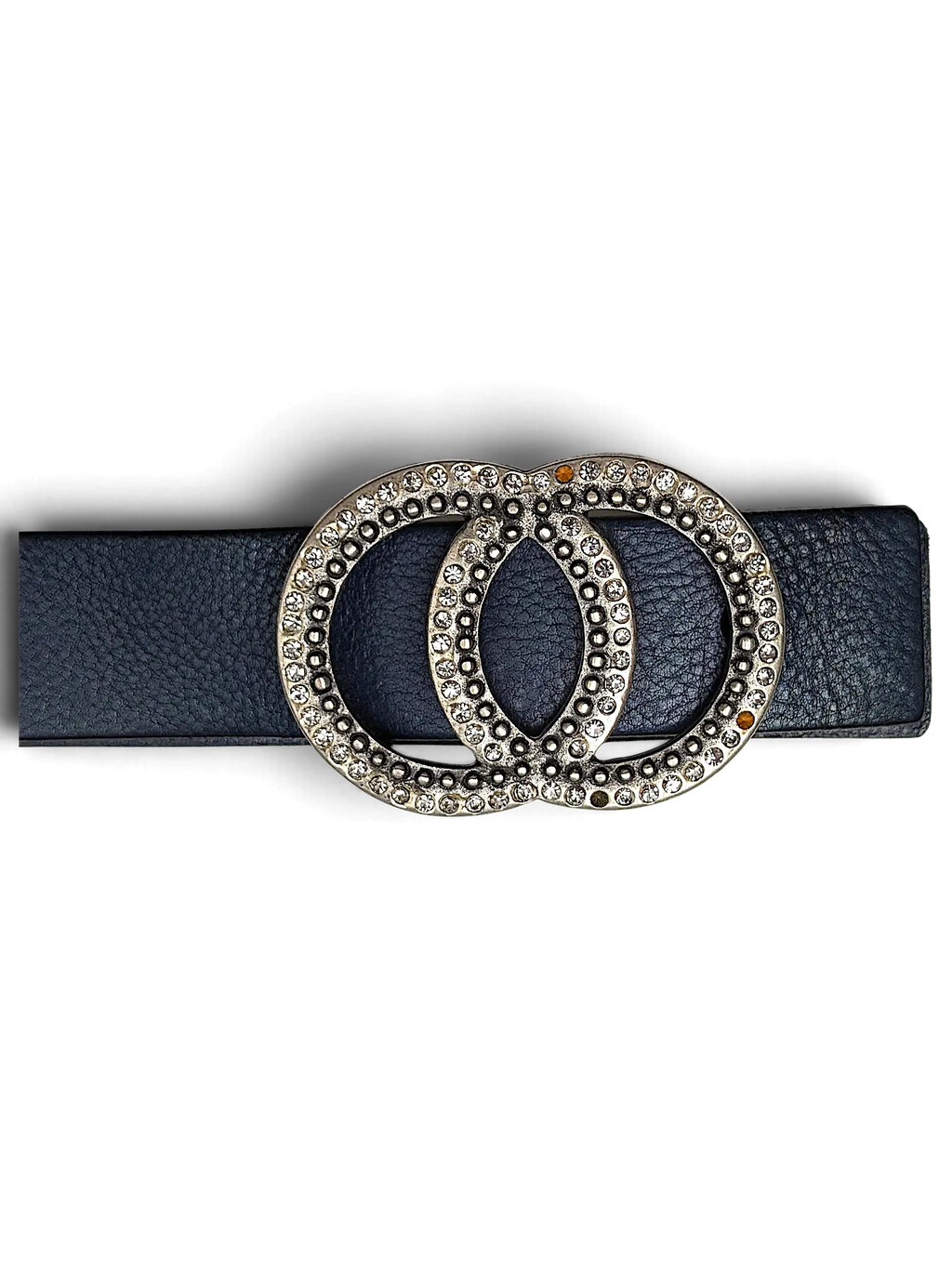 JAKE & IPI Maximilian blue leather belt featuring a large, ornate silver-tone double-ring buckle with crystal accents.