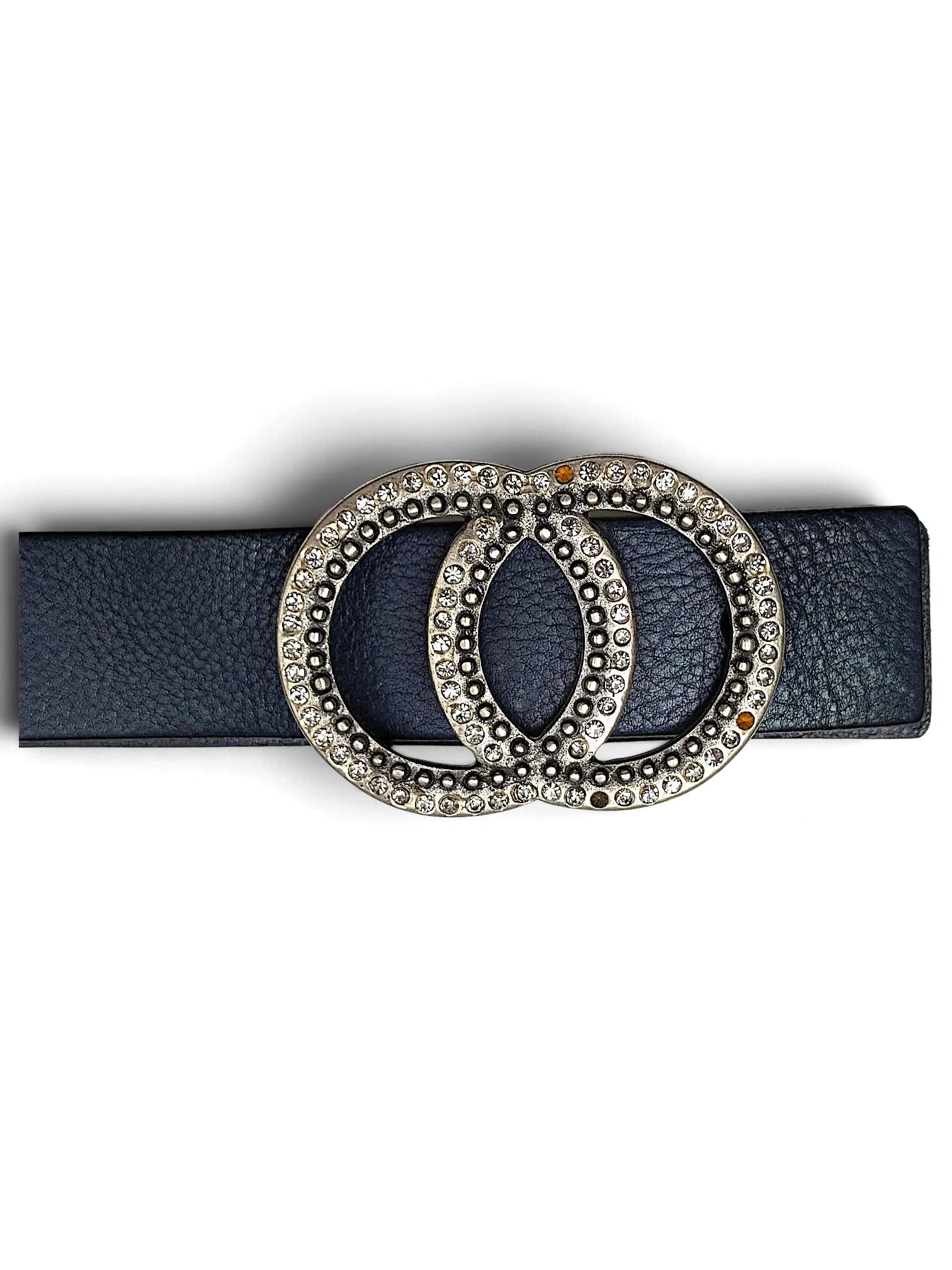 JAKE & IPI Maximilian blue leather belt featuring a large, ornate silver-tone double-ring buckle with crystal accents.