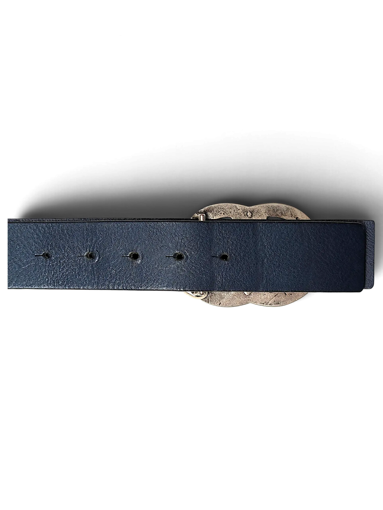 JAKE & IPI Maximilian blue leather belt featuring a textured antique-style metal buckle on a black background.