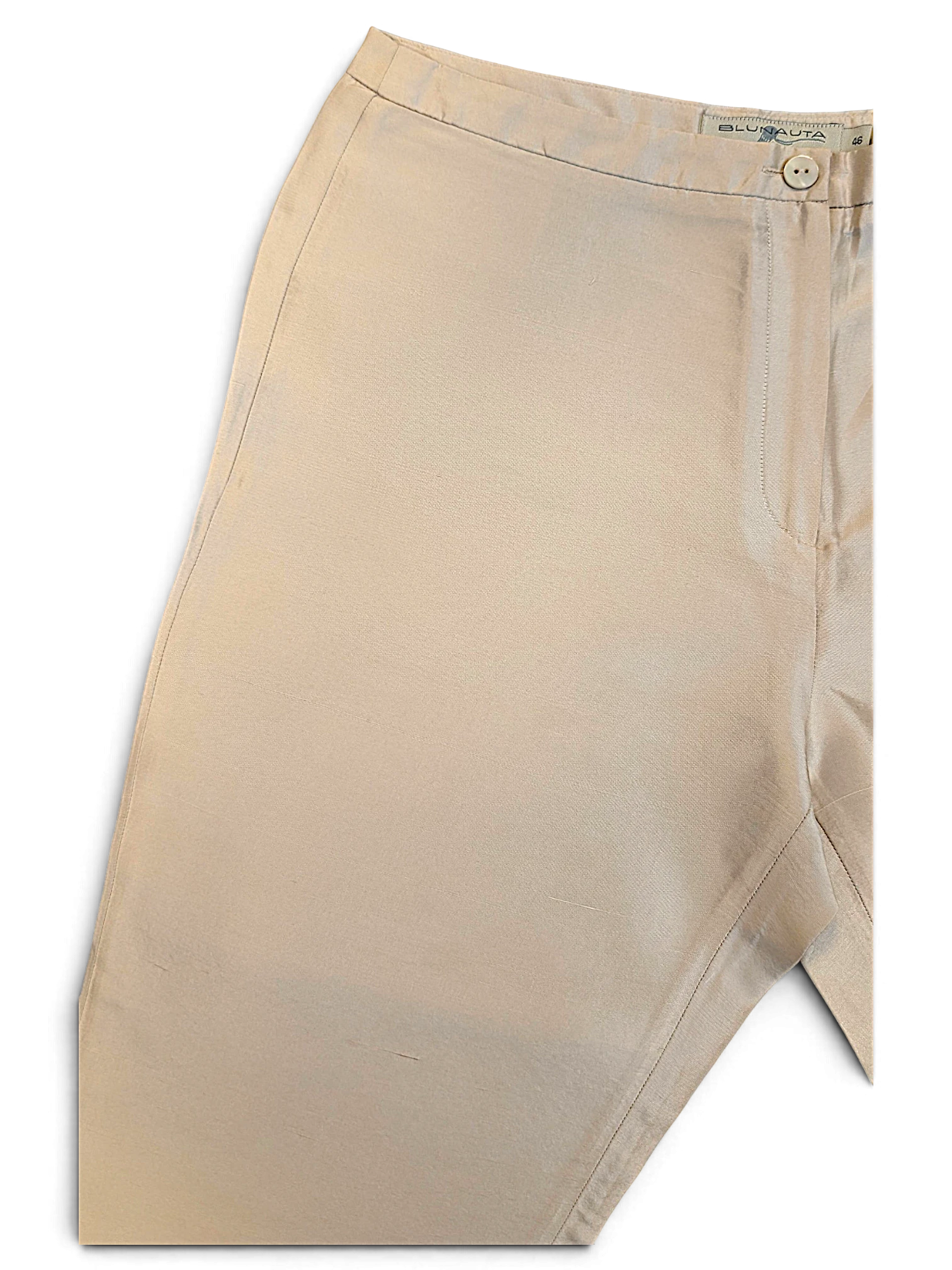 JAKE & IPI Blunauta ivory pure silk trousers with a wide-leg silhouette and button closure detail.
