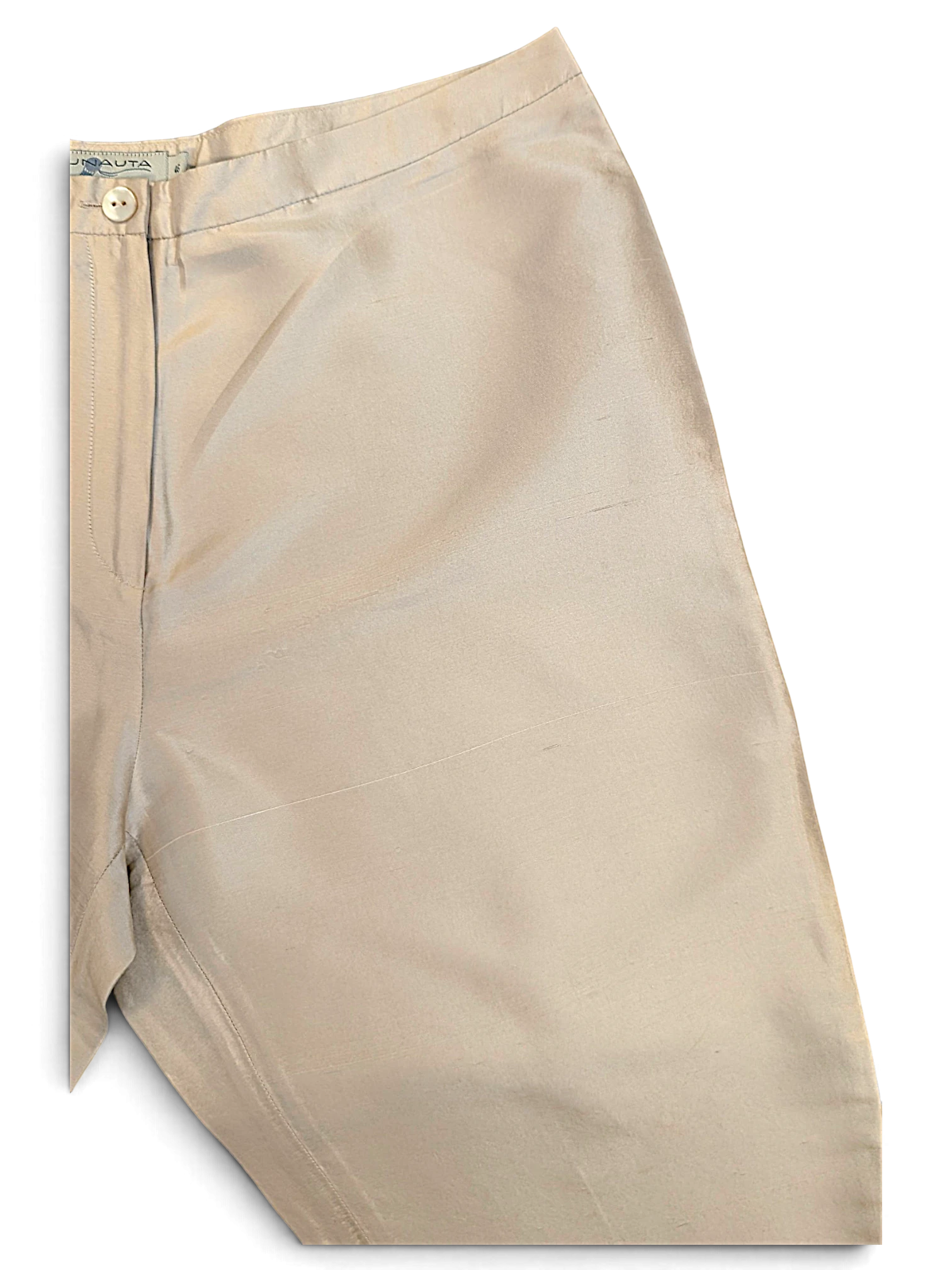 JAKE & IPI pre-owned Blunauta ivory pure silk trousers with a wide-leg silhouette and button closure.
