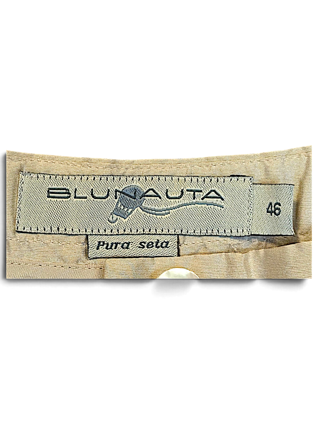 JAKE & IPI Blunauta ivory pure silk trousers brand label showing size 46 and Pura Seta composition tag