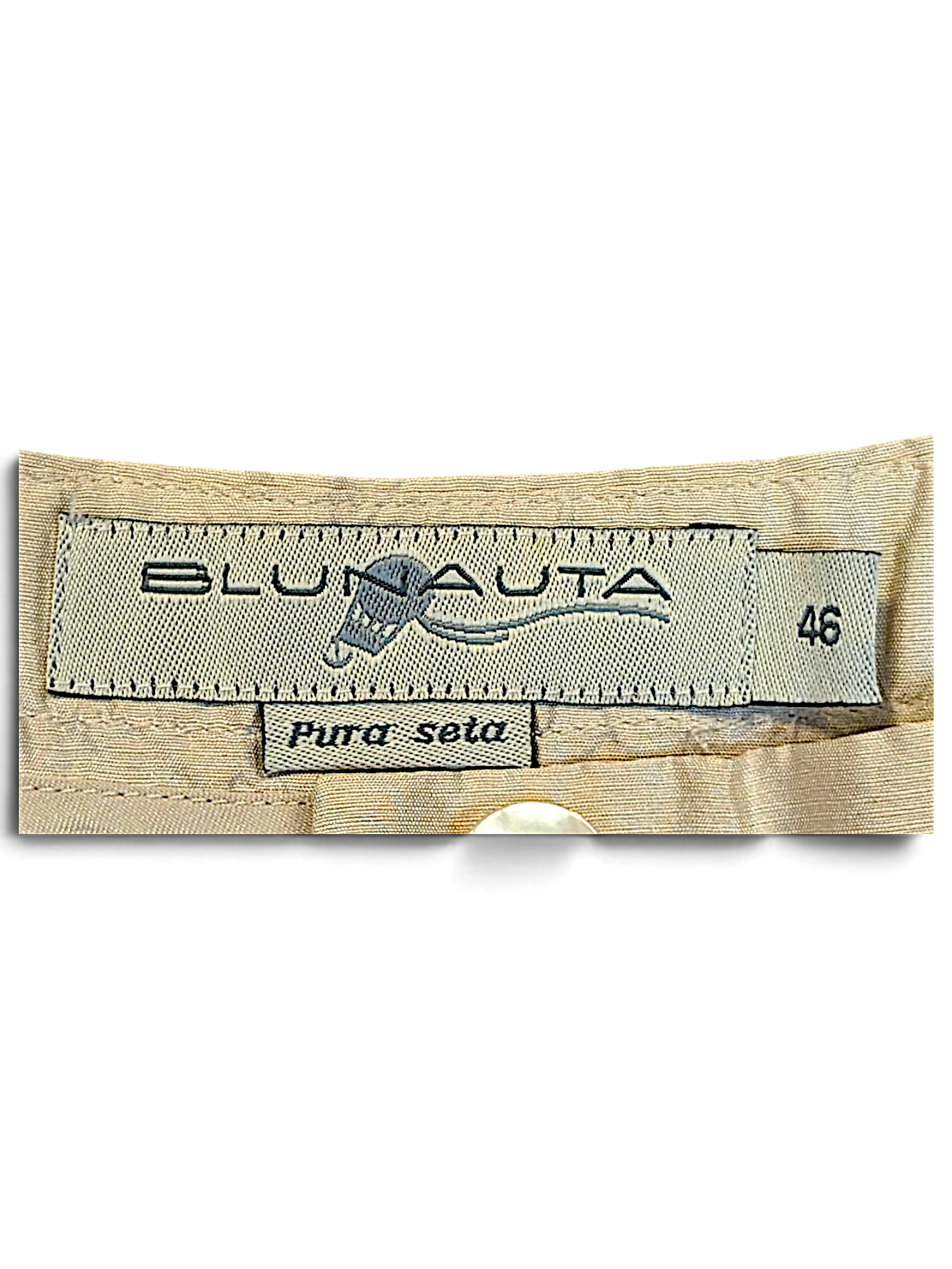 JAKE & IPI Blunauta ivory pure silk trousers brand label showing size 46 and Pura Seta composition tag