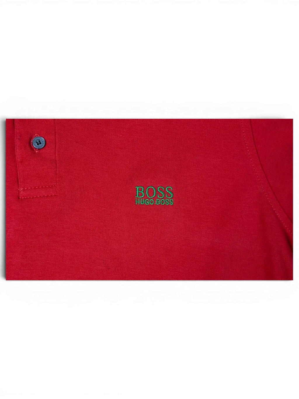 JAKE & IPI pre-owned red BOSS Green polo shirt featuring an embroidered green logo and button placket detail.