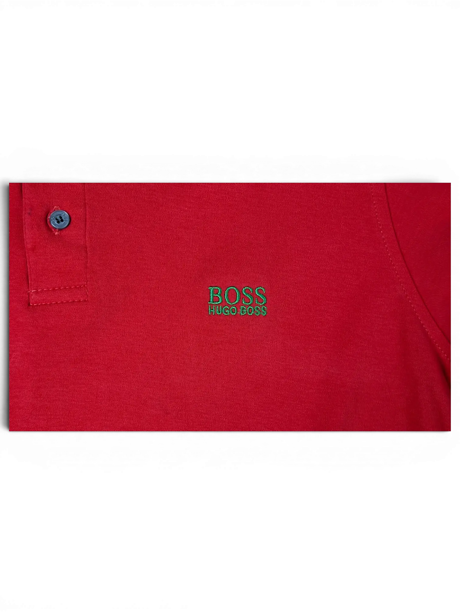 JAKE & IPI pre-owned red BOSS Green polo shirt featuring an embroidered green logo and button placket detail.