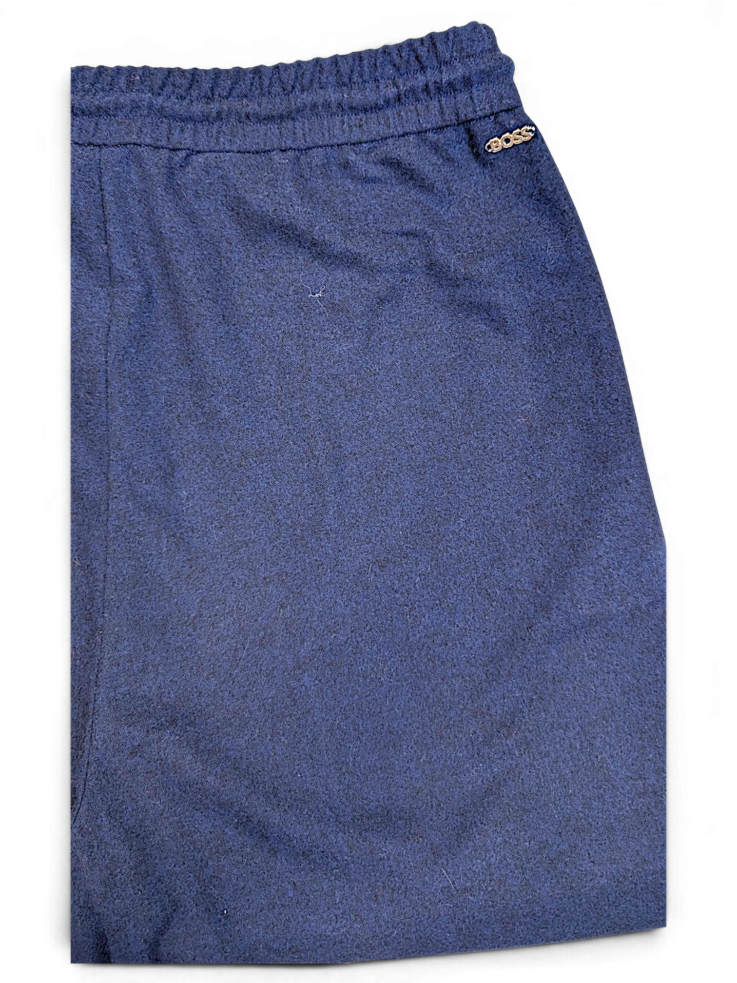 JAKE & IPI pre-owned BOSS navy velour track pants with elasticated waistband and small metallic logo detail