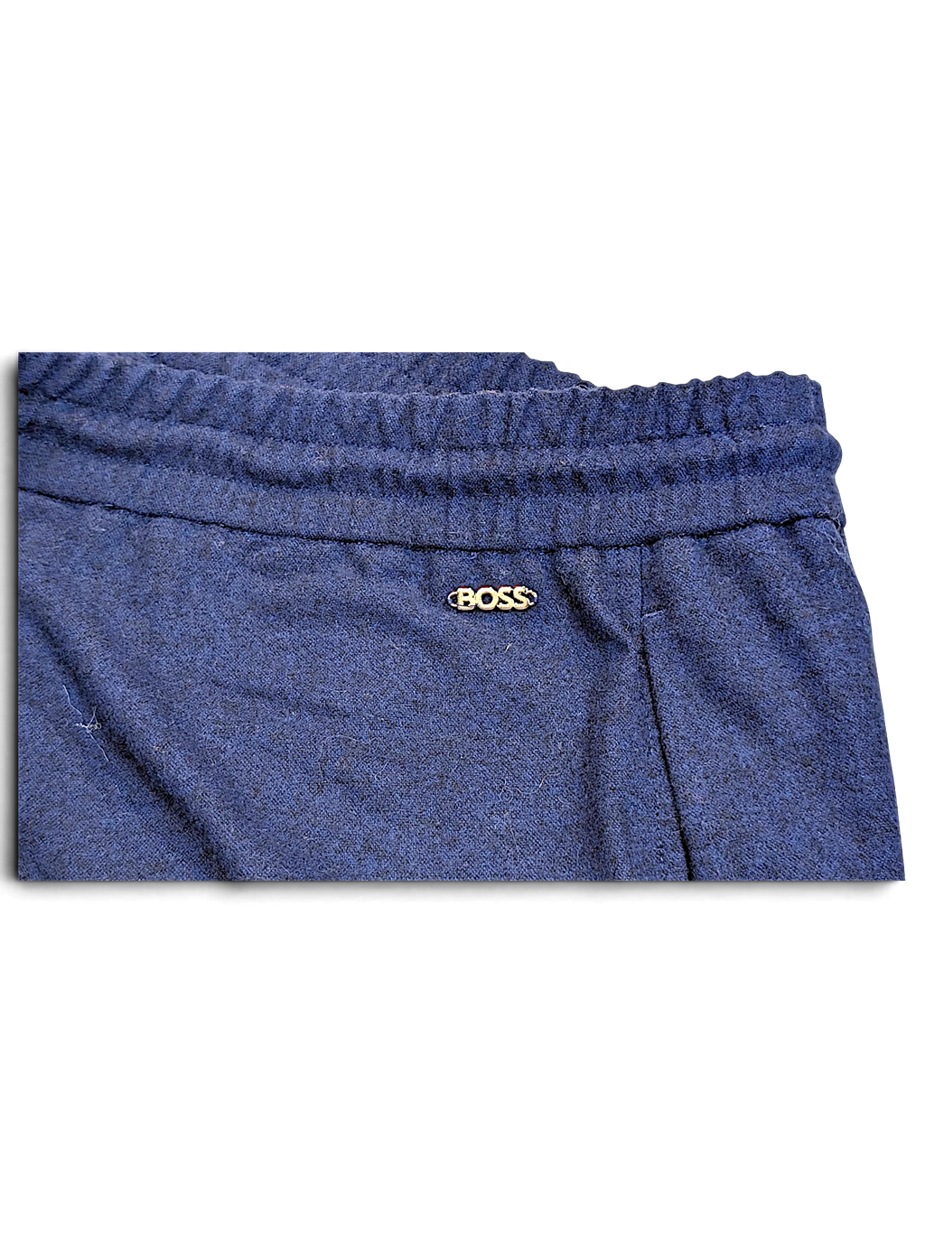JAKE & IPI pre-owned BOSS navy velour track pants featuring an elasticated waistband and small gold logo detail