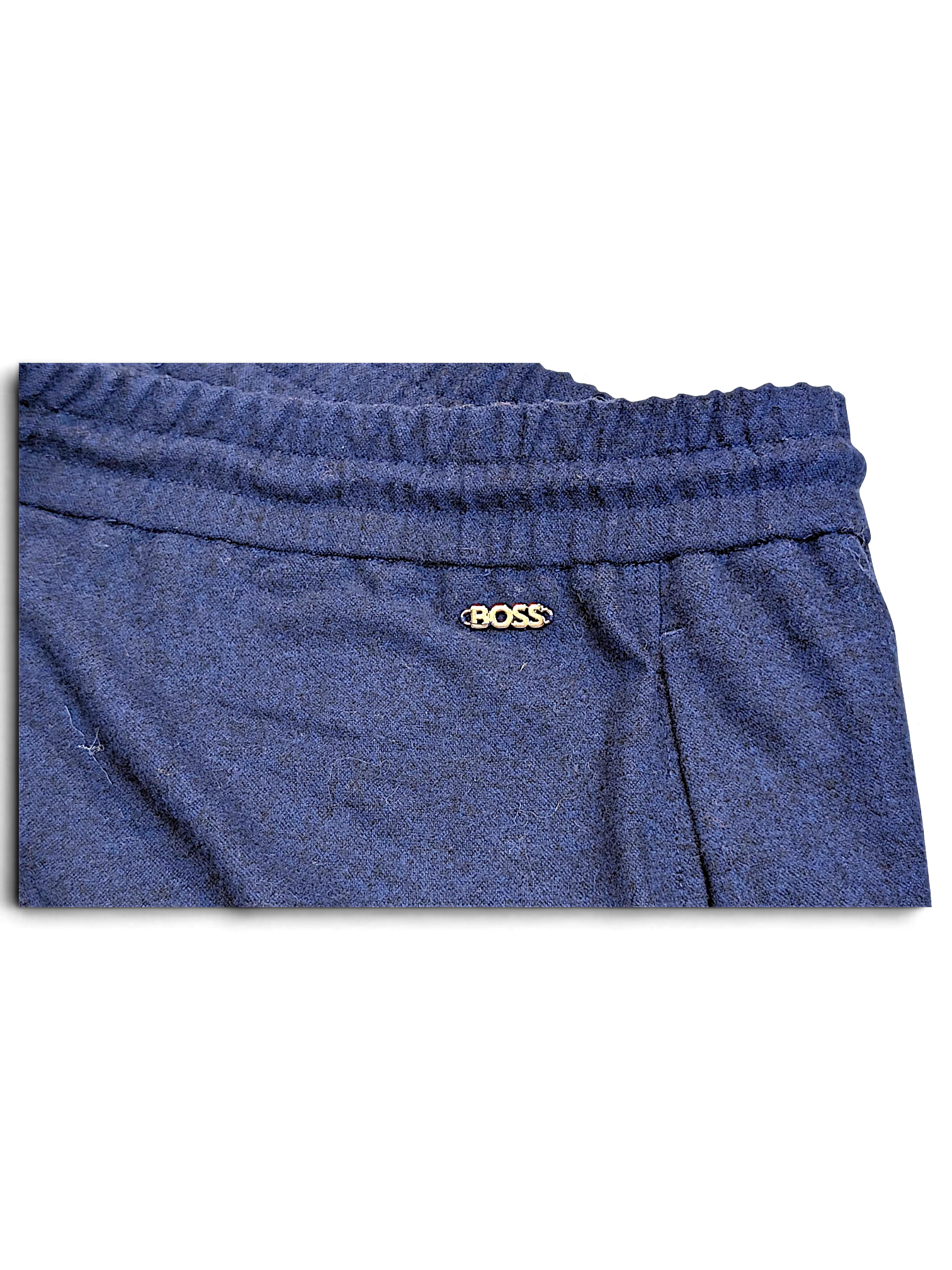JAKE & IPI pre-owned BOSS navy velour track pants featuring an elasticated waistband and small gold logo detail