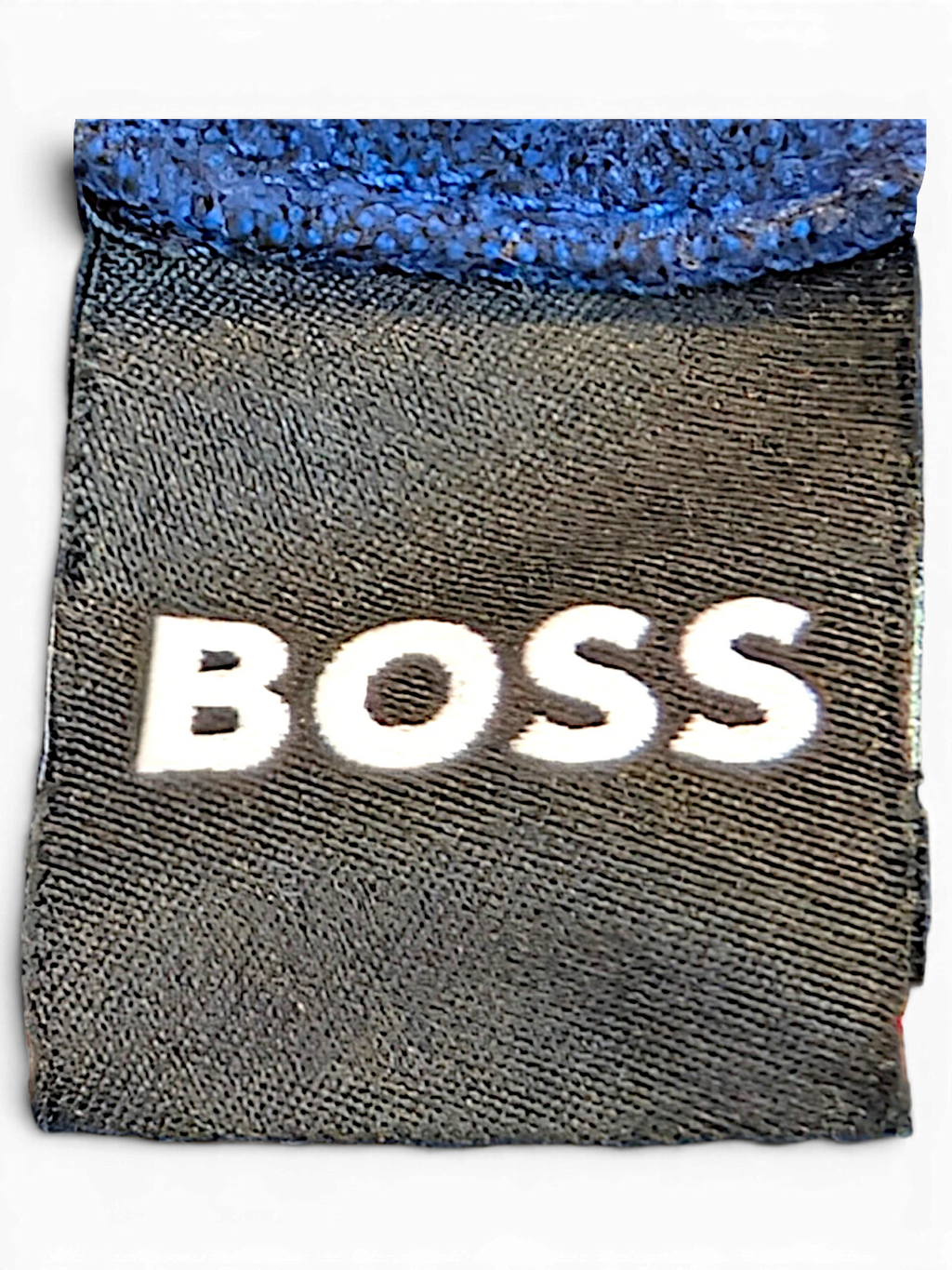 JAKE & IPI BOSS navy velour track pants brand label with white embroidered logo on black fabric