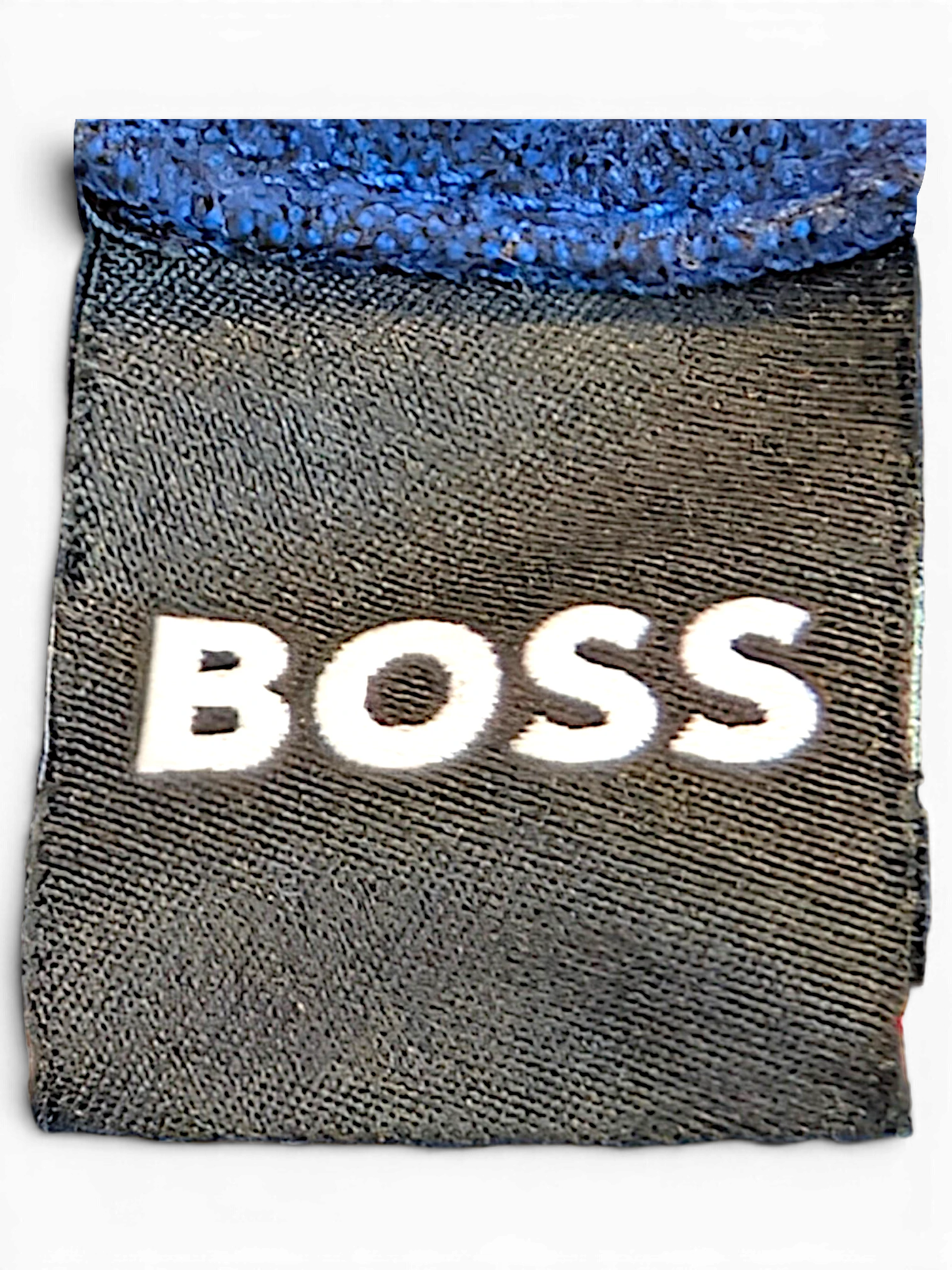 JAKE & IPI BOSS navy velour track pants brand label with white embroidered logo on black fabric