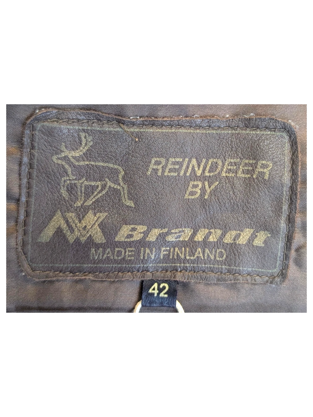 JAKE & IPI Brandt suede reindeer leather pants interior label showing size 42 and made in Finland branding